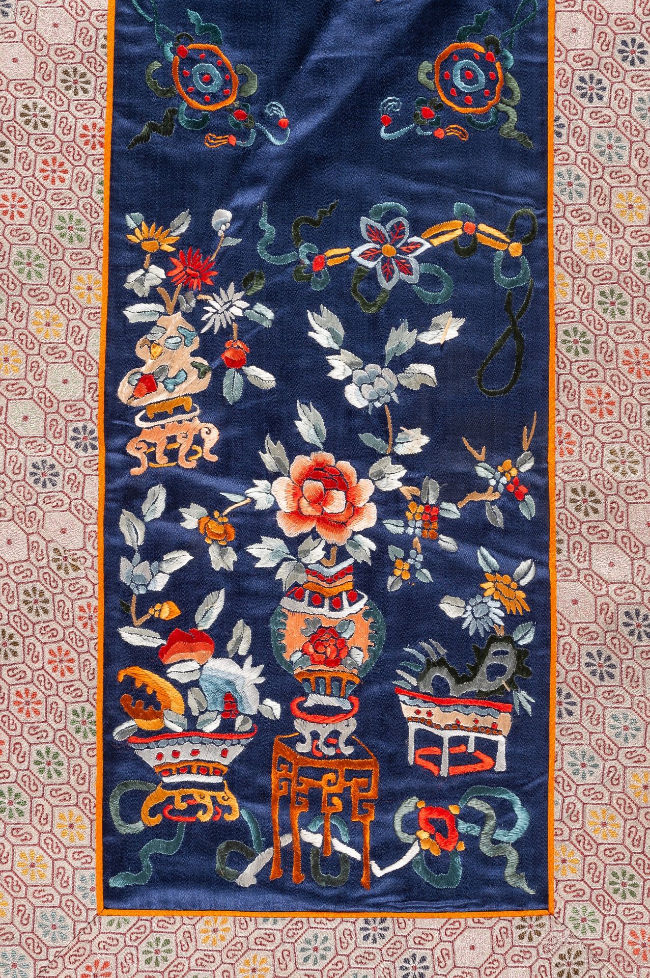 A SATIN STITCH SILK EMBROIDERY OF BUDDHIST TREASURES, 1900s - Image 3 of 6