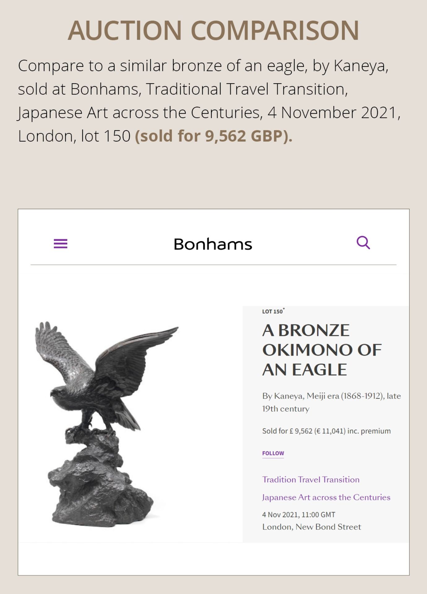 AKASOFU GYOKKO: AN IMPRESSIVE AND RARE BRONZE OKIMONO OF AN ASCENDING EAGLE - Bild 5 aus 18