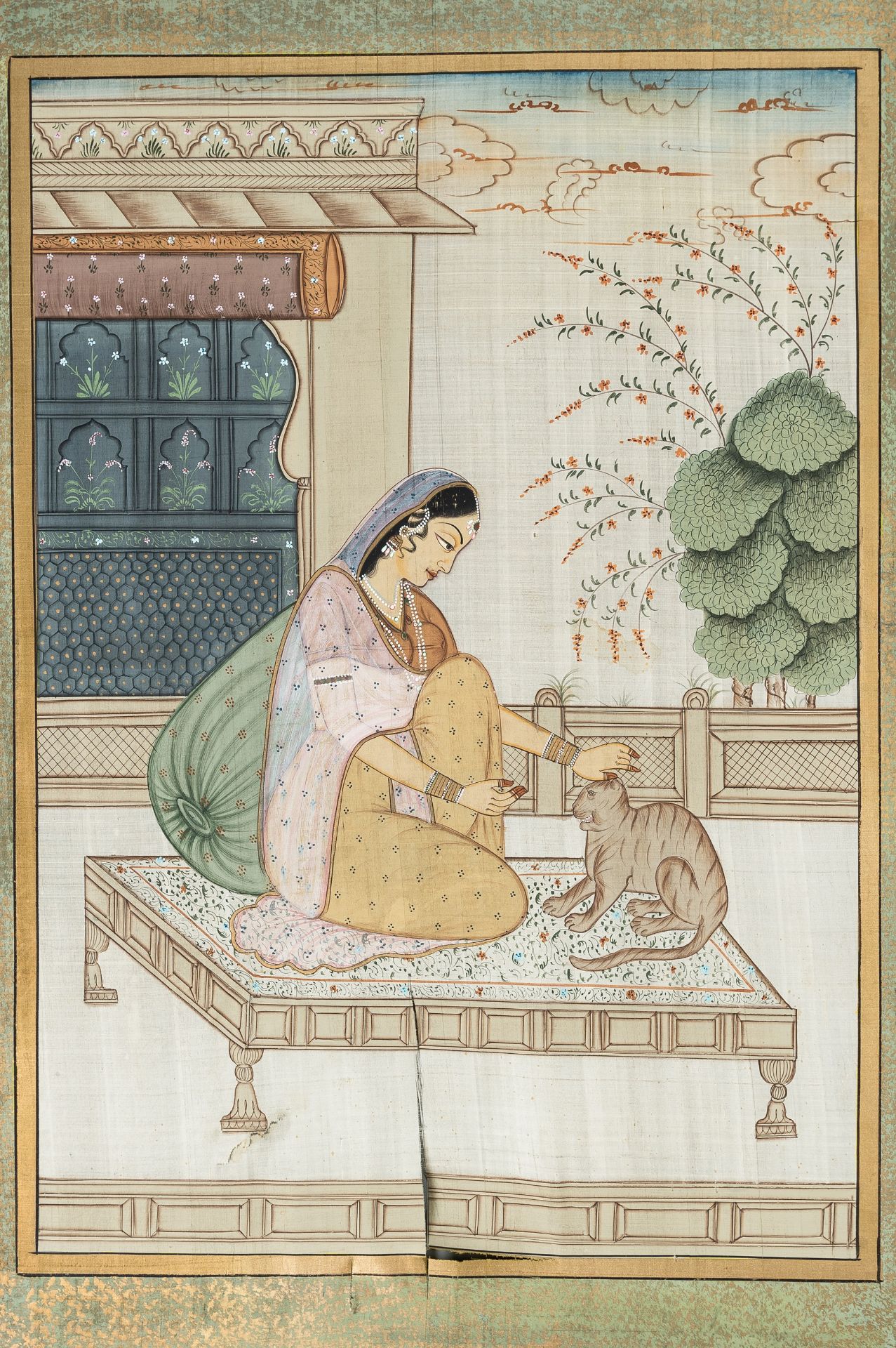 A LARGE INDIAN SILK PAINTING OF A NOBLEWOMAN WITH CAT - Image 2 of 7