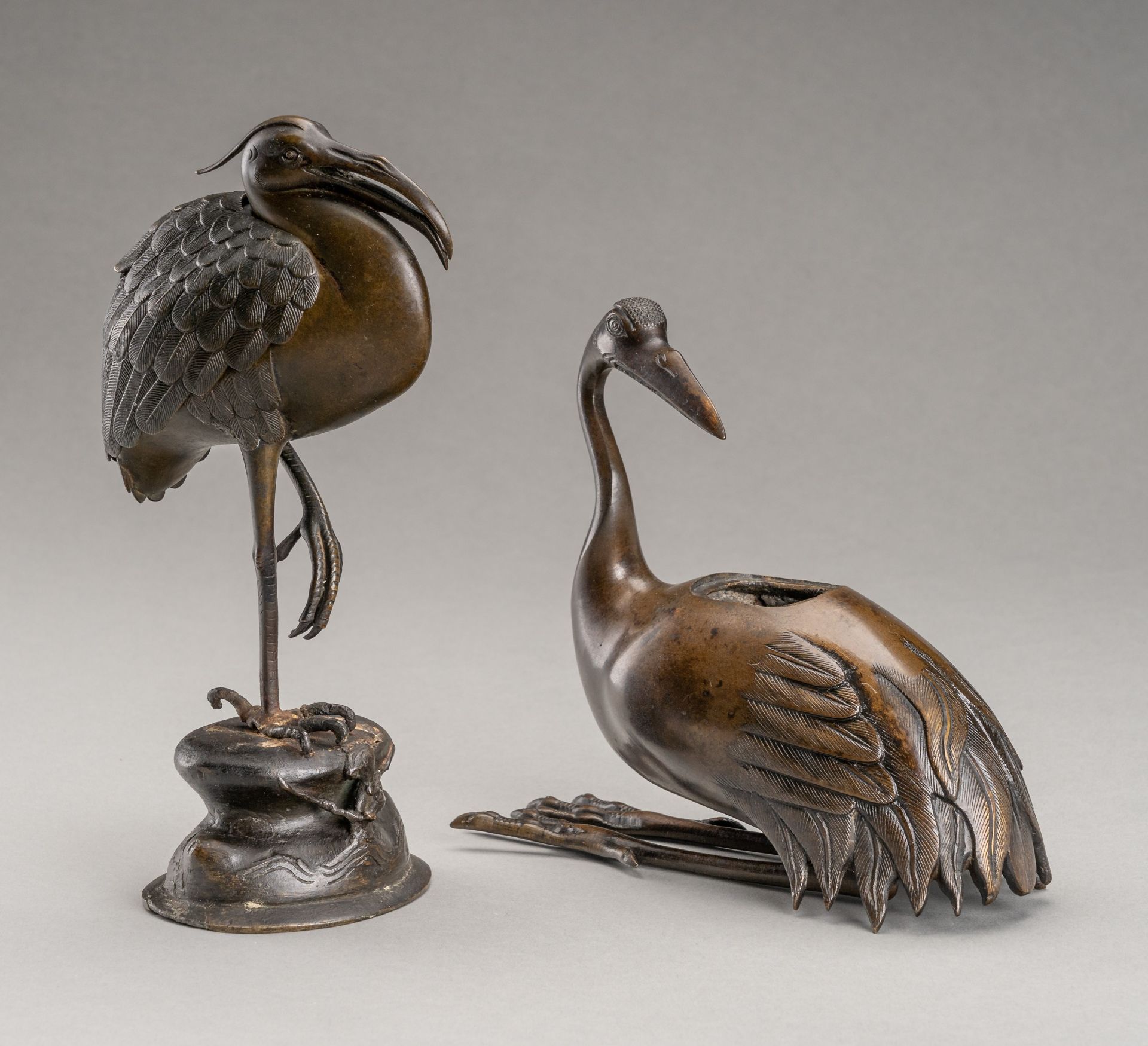 A LOT WITH 'CRANE AND HERON" BRONZE CENSERS, MEIJI