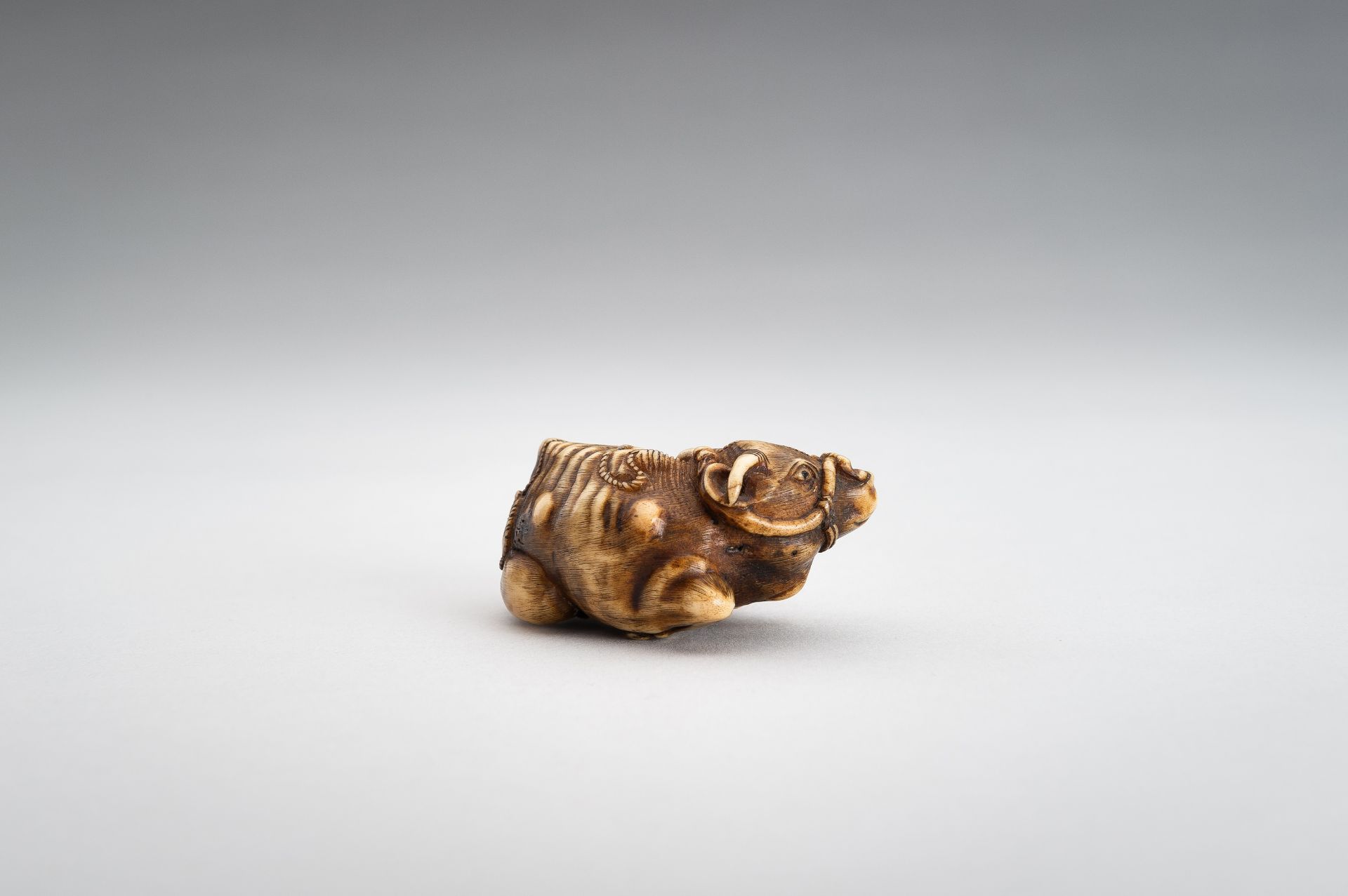 A STAG ANTLER NETSUKE OF RECUMBENT OX - Image 4 of 11