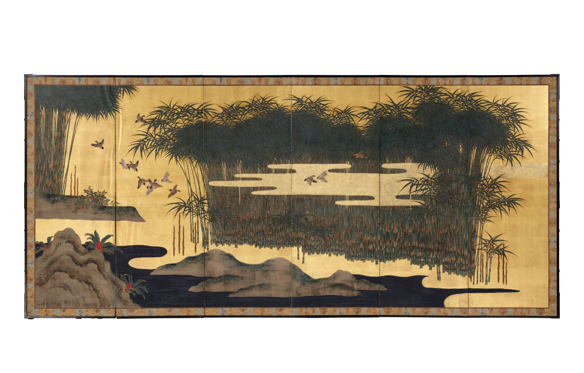 A PAIR OF FINE SIX-PANEL BYOBU SCREENS DEPICTING SPARROWS AND BAMBOO - Bild 7 aus 11