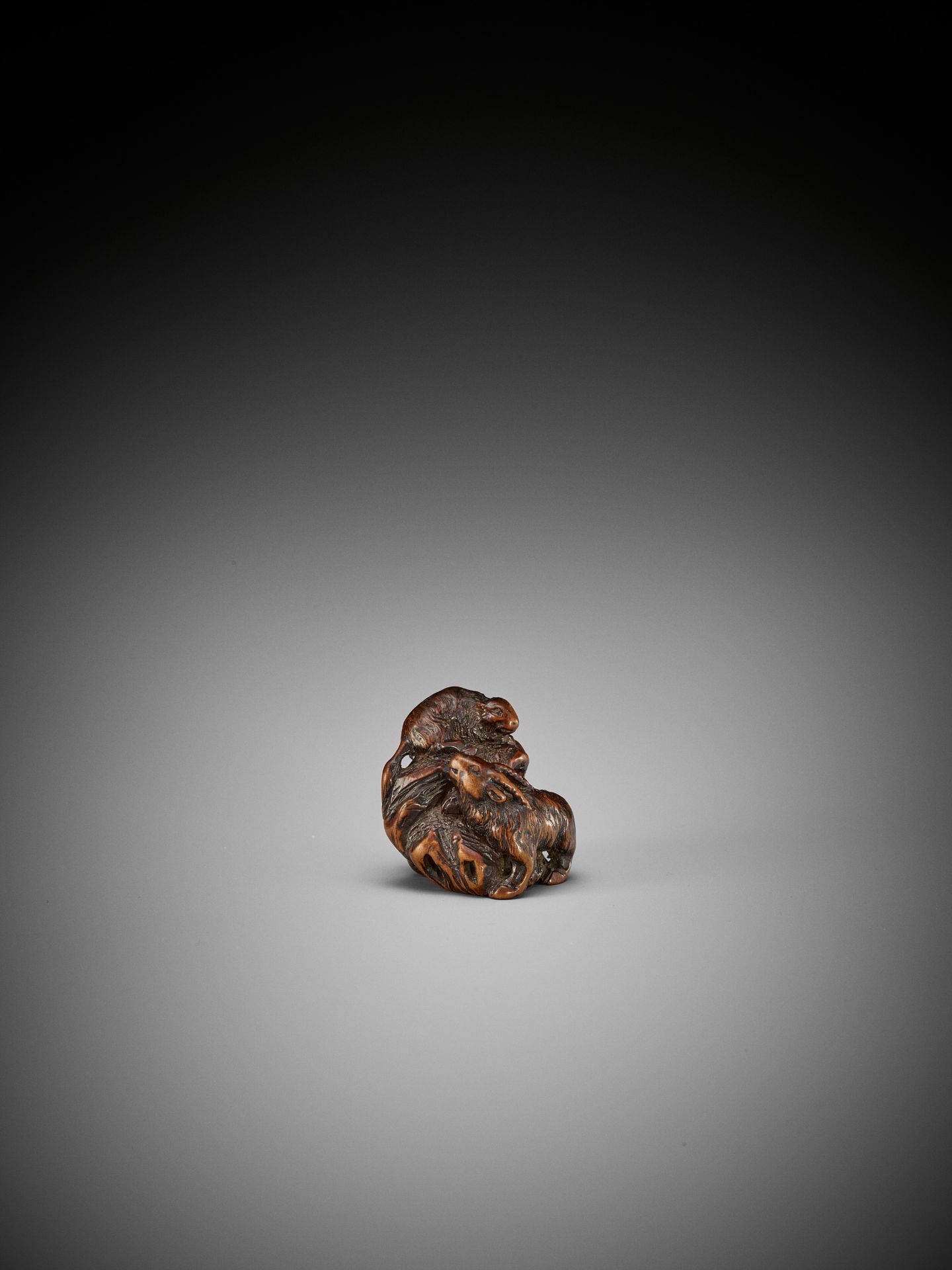 KOKEI: A RARE WOOD NETSUKE OF A GOAT AND YOUNG ON A ROCK - Image 8 of 14