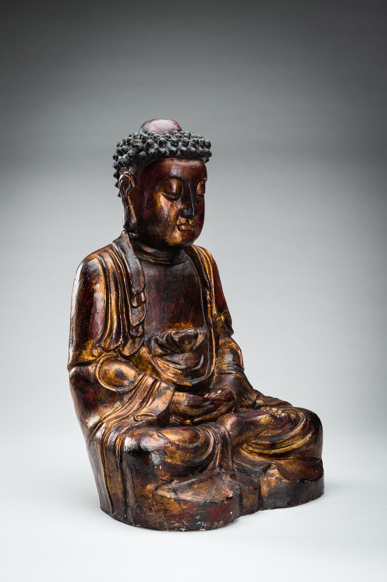 A POLYCHROME LACQUERED MING DYNASTY FIGURE OF BUDDHA - Image 5 of 13