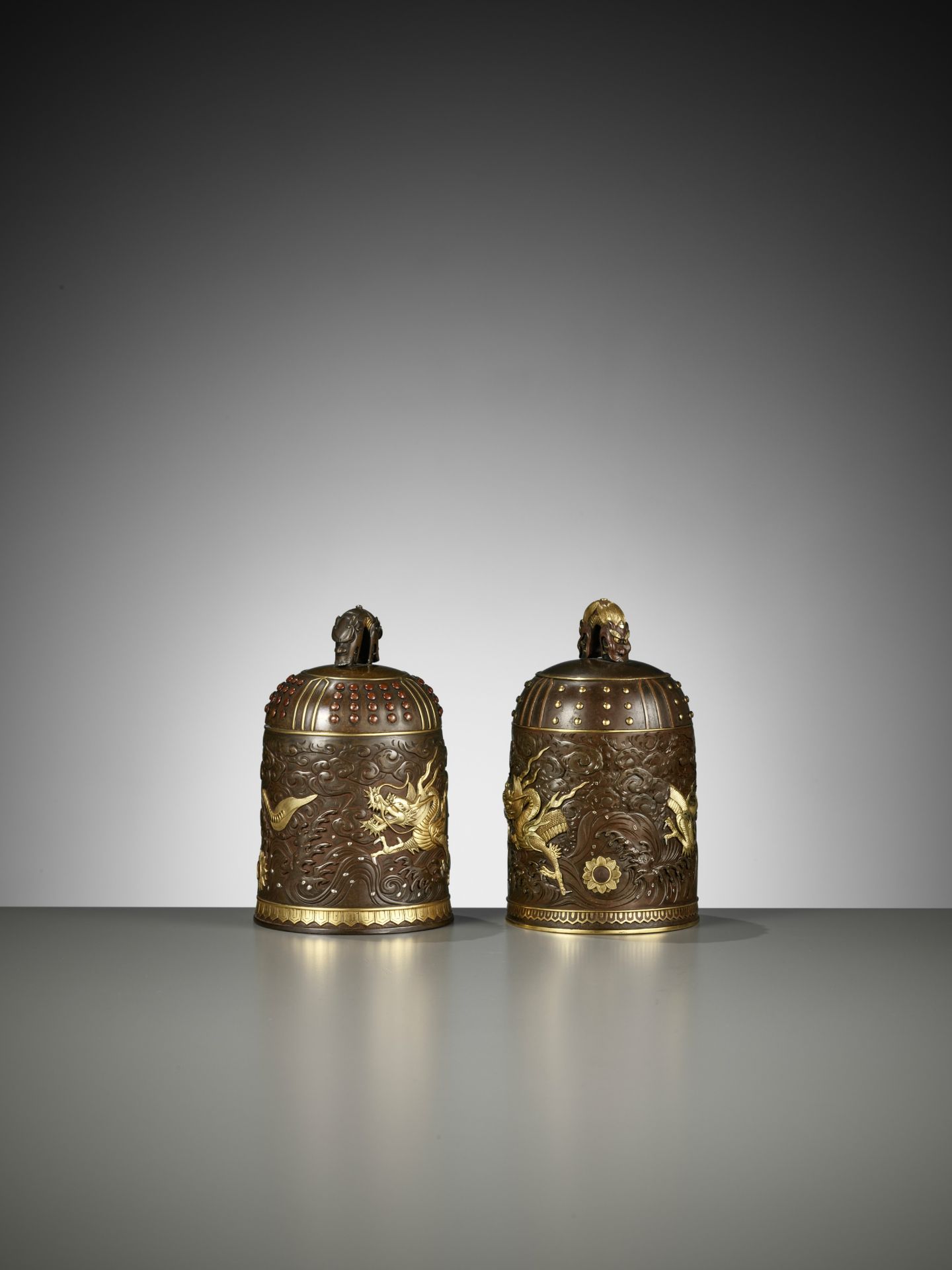 A MATCHED PAIR OF GOLD-INLAID BRONZE 'BUDDHIST TEMPLE BELL' KOGO, ONE BY MIYABE ATSUYOSHI - Image 4 of 15
