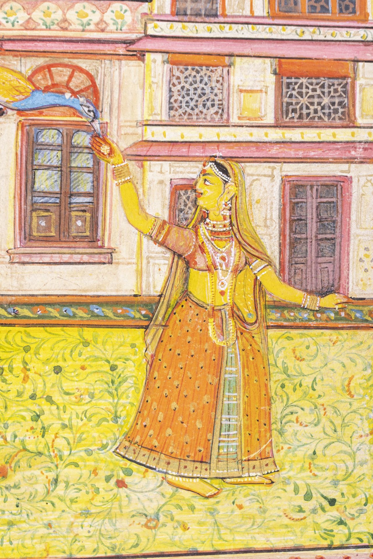 AN INDIAN MINIATURE PAINTING OF A LADY WITH PEACOCK - Image 6 of 7