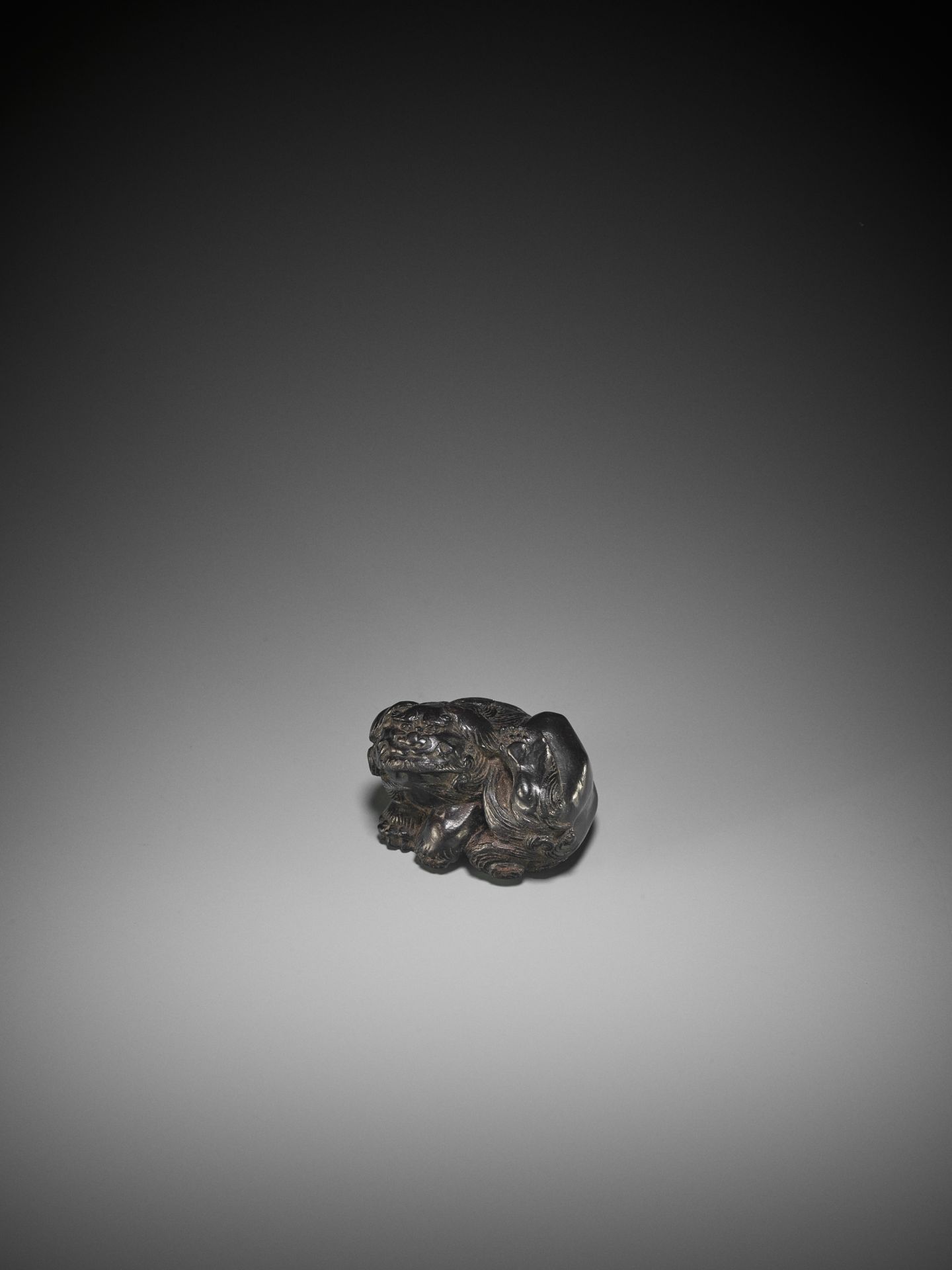 KOKEI: A RARE EBONY WOOD NETSUKE OF A SHISHI SCRATCHING HIS EAR - Image 2 of 10