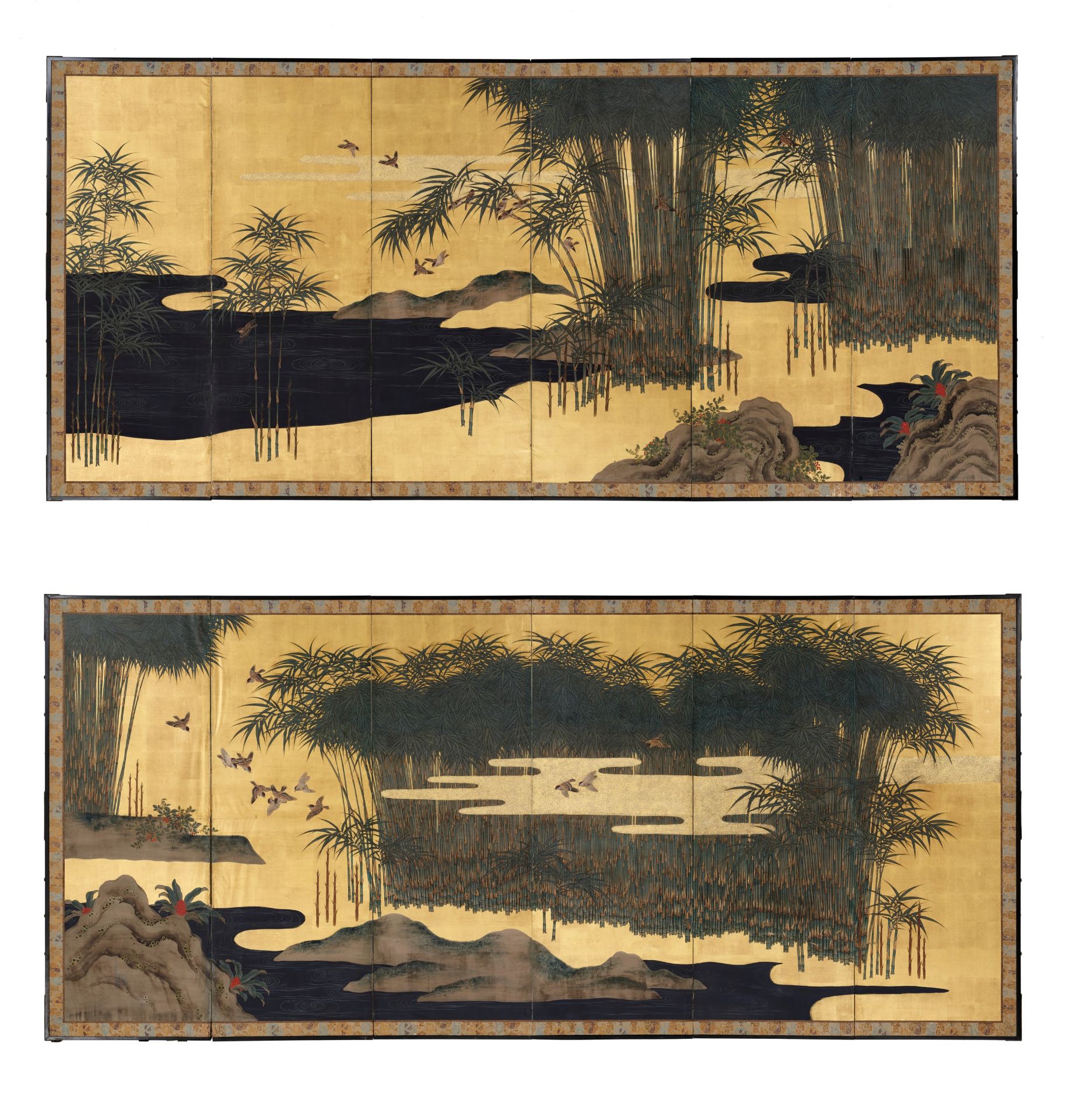 A PAIR OF FINE SIX-PANEL BYOBU SCREENS DEPICTING SPARROWS AND BAMBOO