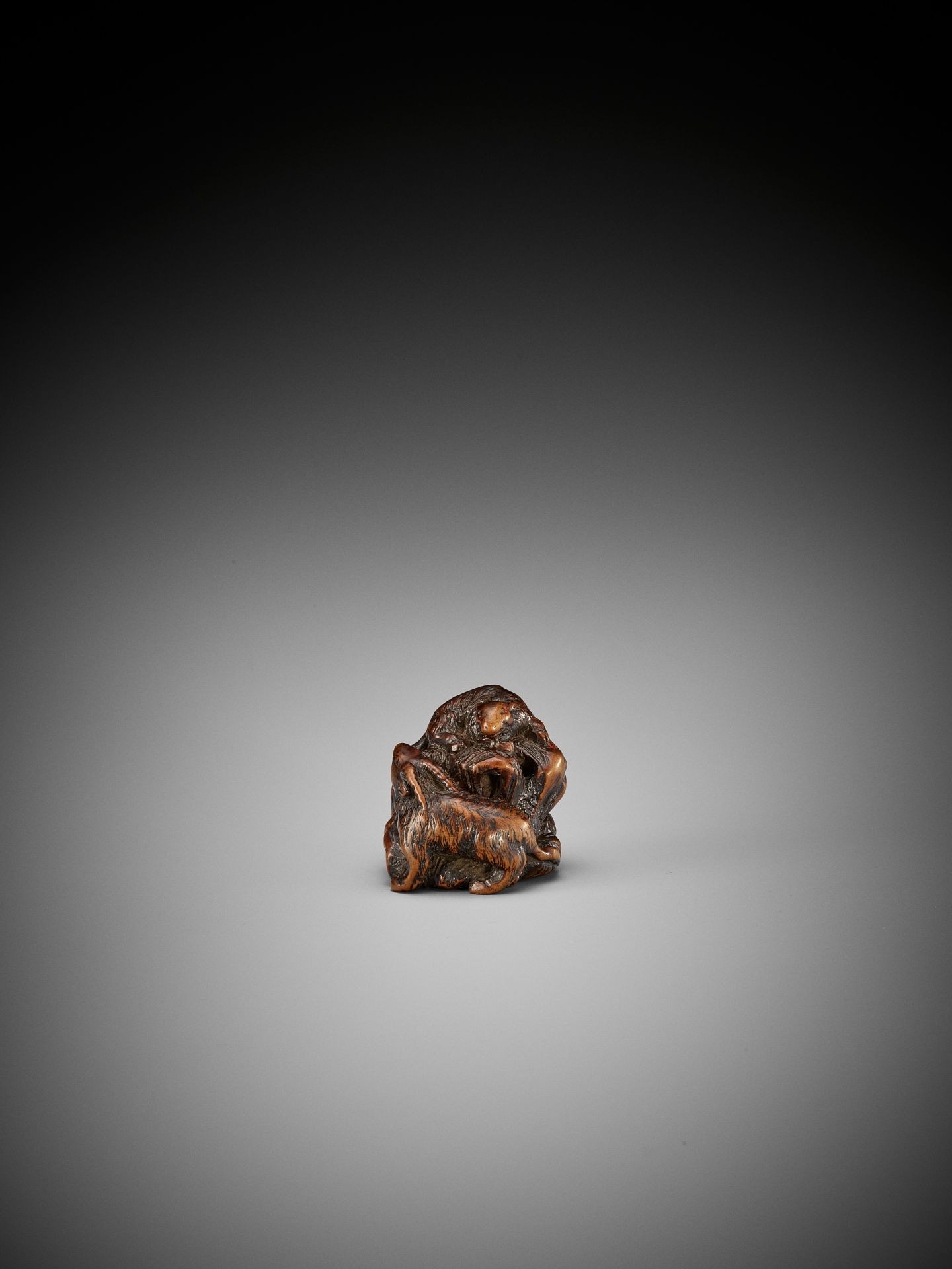 KOKEI: A RARE WOOD NETSUKE OF A GOAT AND YOUNG ON A ROCK - Image 10 of 14