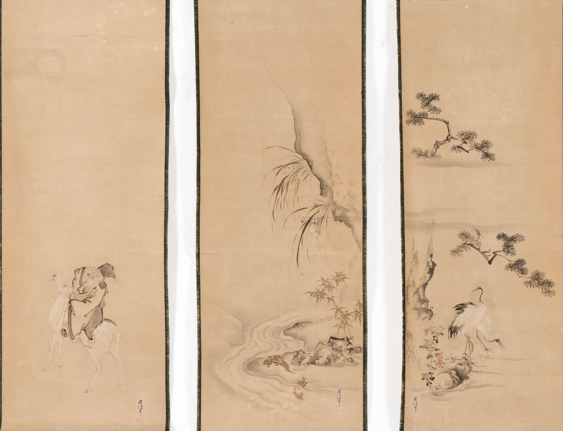 KANO CHIKANOBU: THREE SCROLL PAINTINGS DEPICTING JUROJIN AND DEER, CRANES, AND MINOGAME