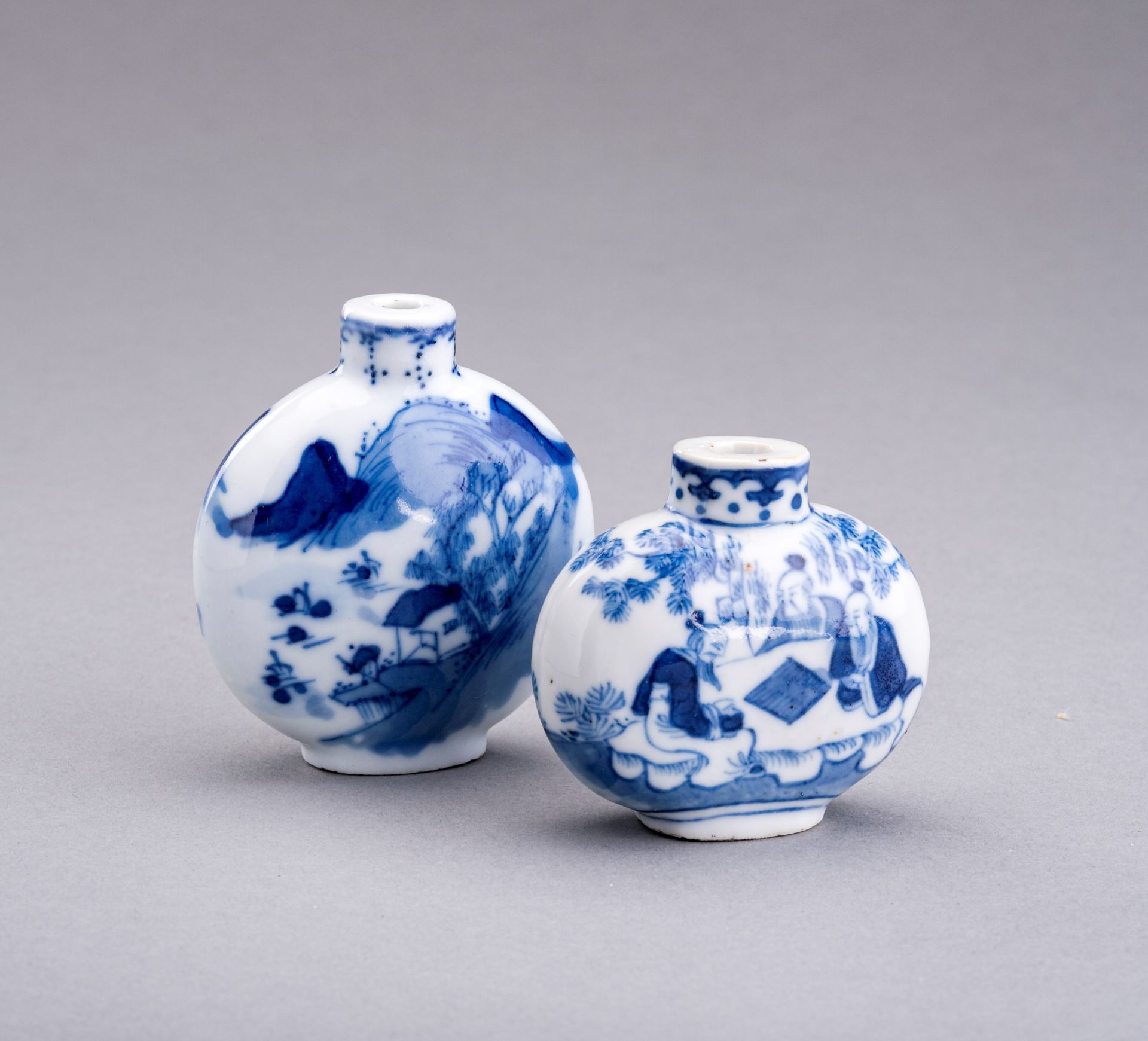 TWO BLUE AND WHITE PORCELAIN SNUFF BOTTLES, QING DYNASTY