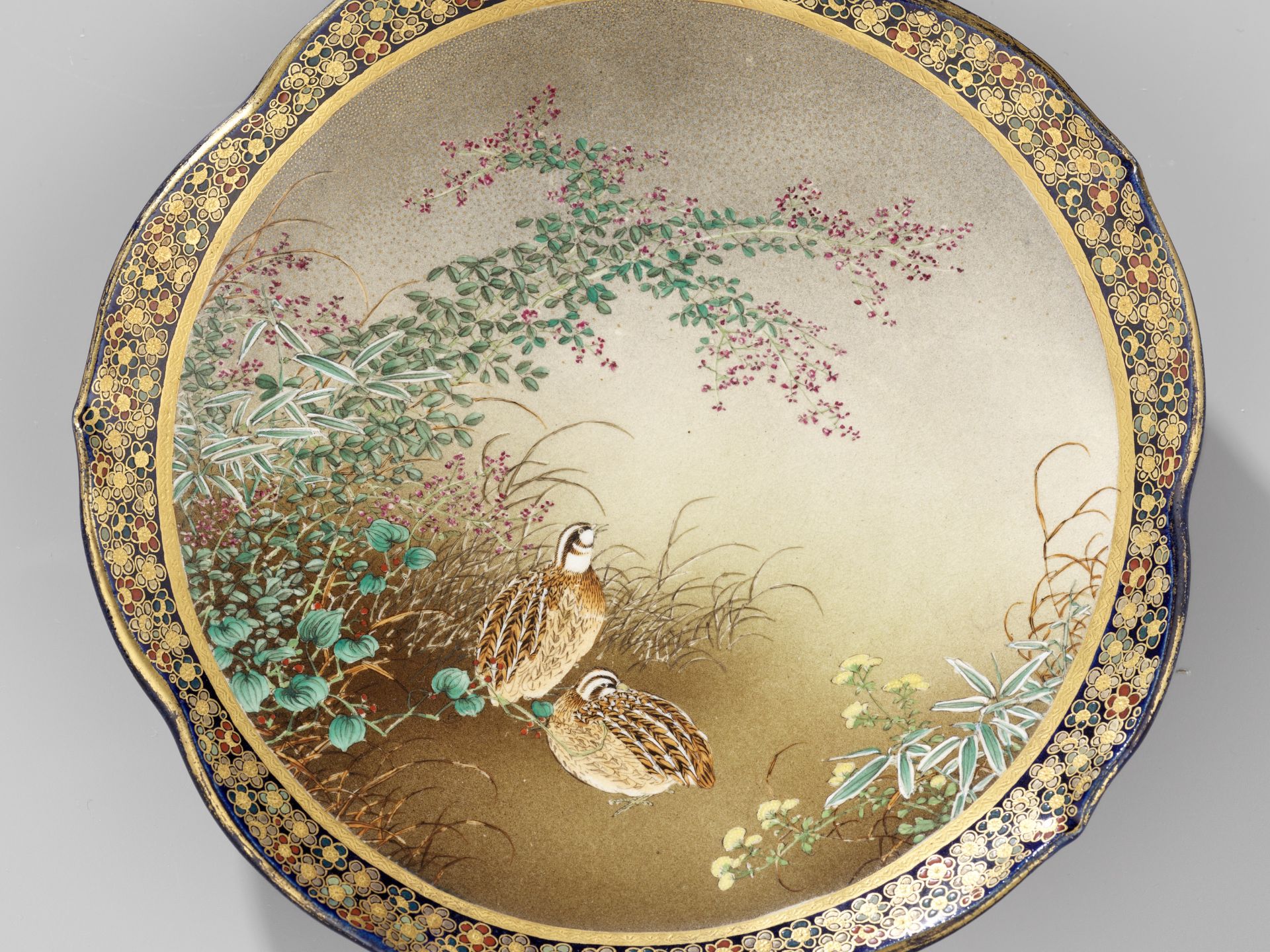KINKOZAN: A PAIR OF COBALT-BLUE GROUND SATSUMA CERAMIC DISHES WITH PHEASANTS AND QUAILS - Image 6 of 10