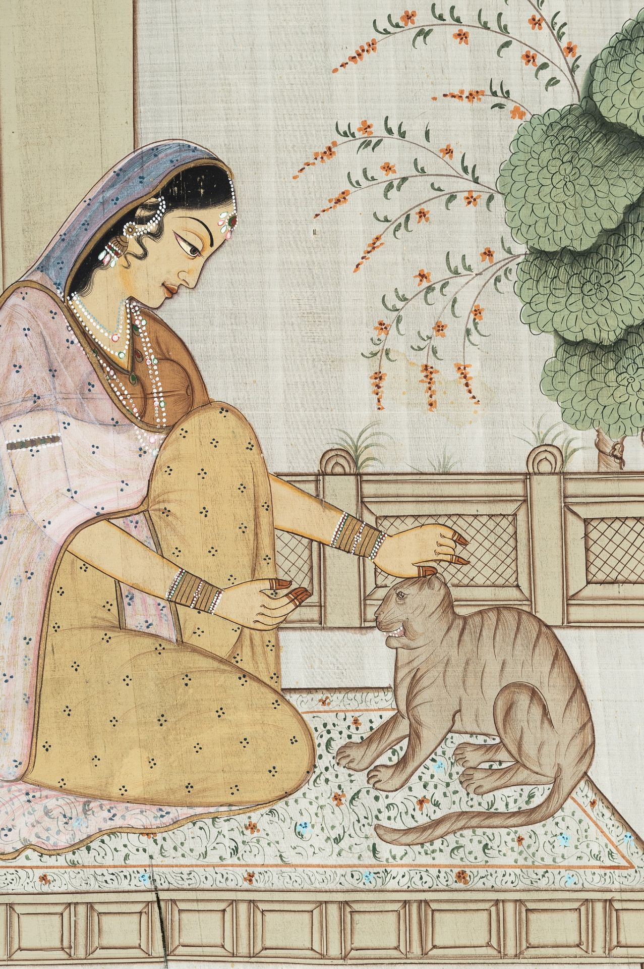 A LARGE INDIAN SILK PAINTING OF A NOBLEWOMAN WITH CAT - Image 4 of 7