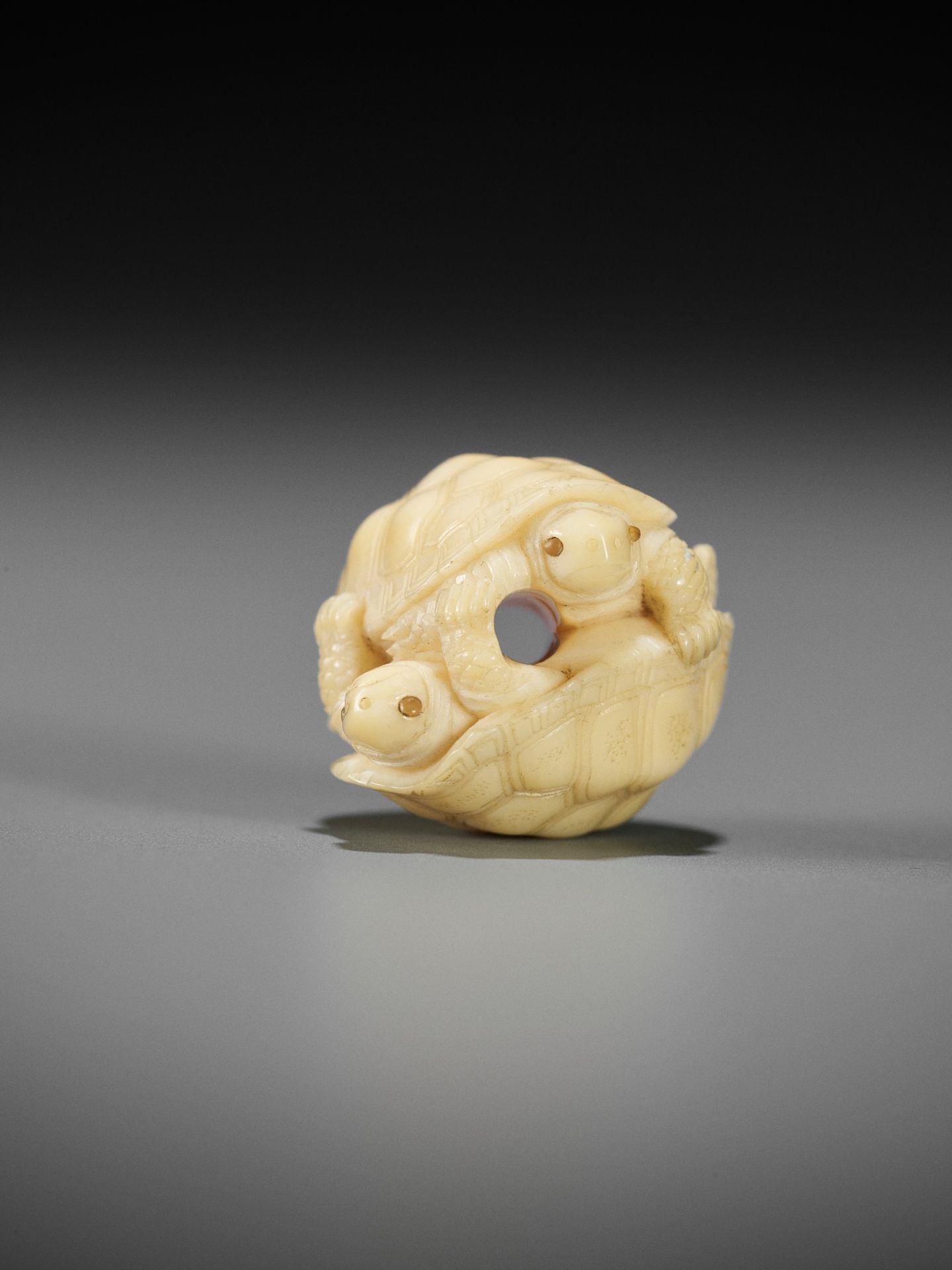 KAIGYOKUSAI MASATSUGU: A SUPERB IVORY OJIME OF TWO TURTLES