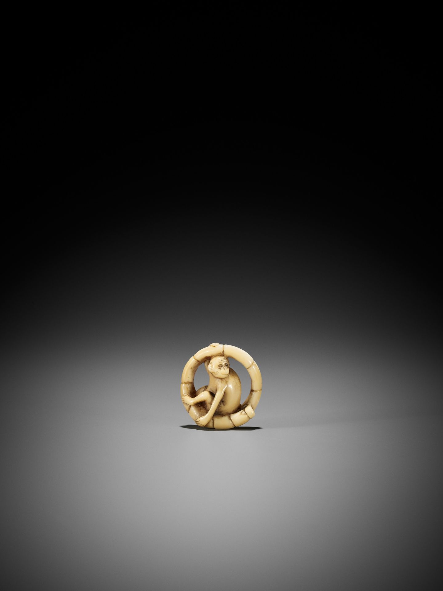 A MARINE IVORY NETSUKE OF A MONKEY SITTING IN A COILED BAMBOO NODE - Image 2 of 9