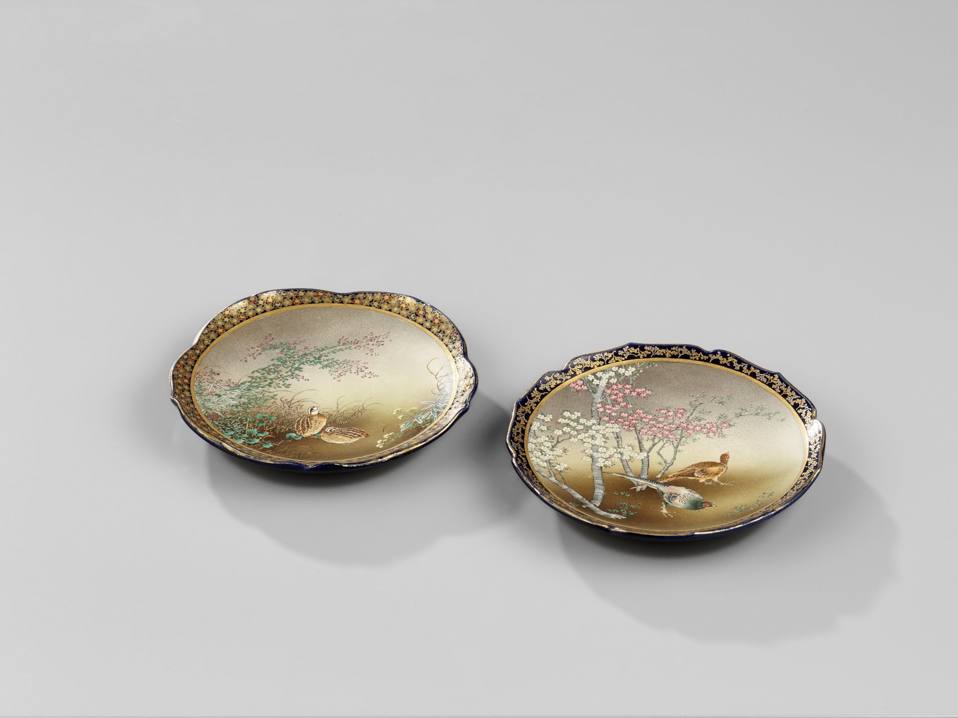 KINKOZAN: A PAIR OF COBALT-BLUE GROUND SATSUMA CERAMIC DISHES WITH PHEASANTS AND QUAILS - Image 2 of 10