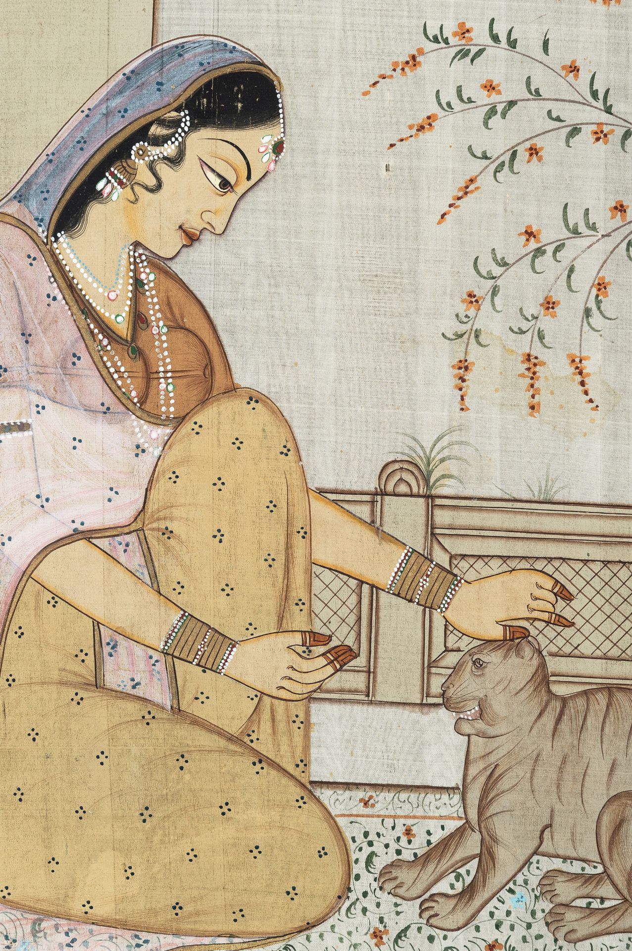 A LARGE INDIAN SILK PAINTING OF A NOBLEWOMAN WITH CAT - Image 3 of 7