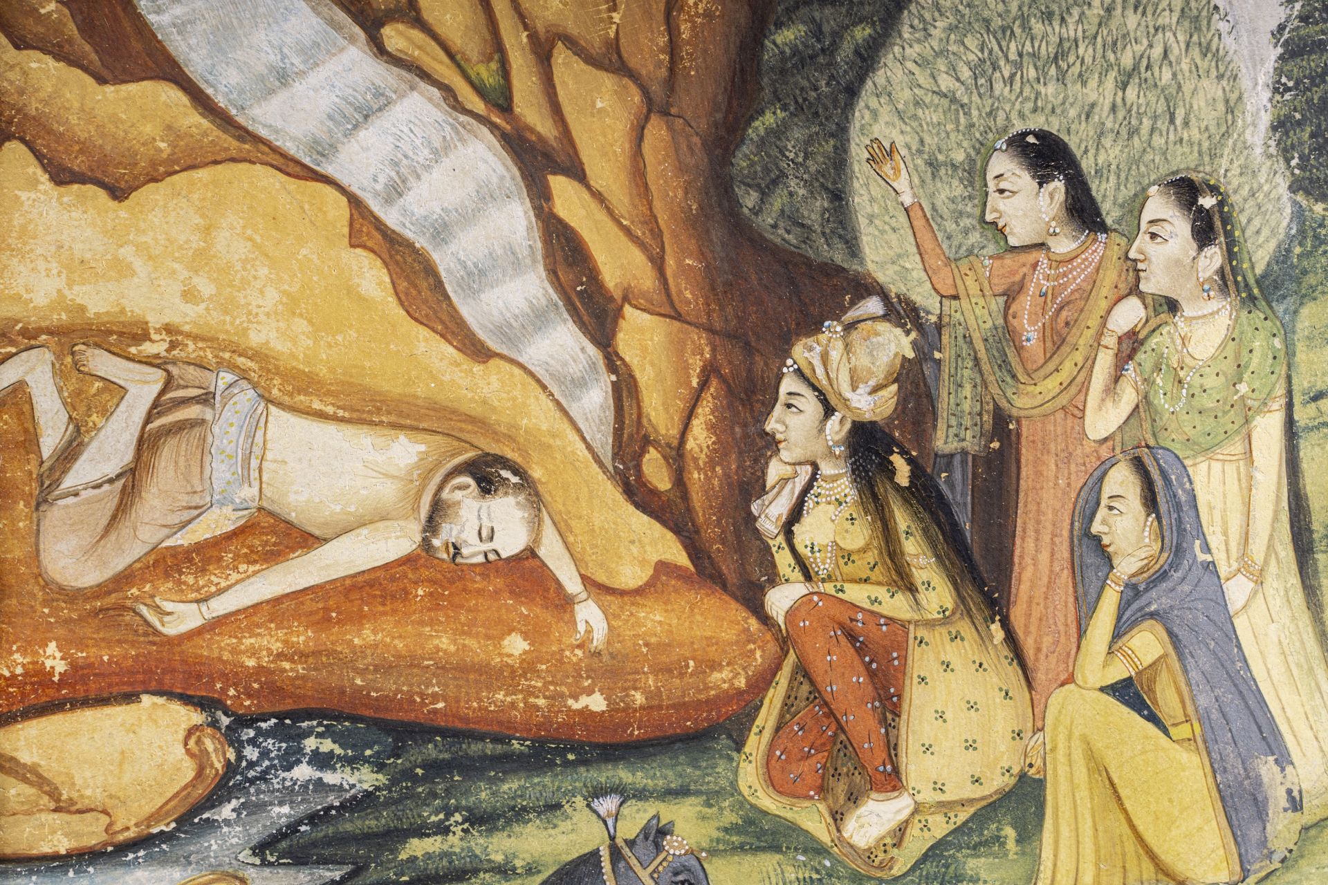 AN INDIAN MINIATURE PAINTING OF SHIRIN MOURNING FARHAD'S DEATH, c. 1900s - Image 2 of 4