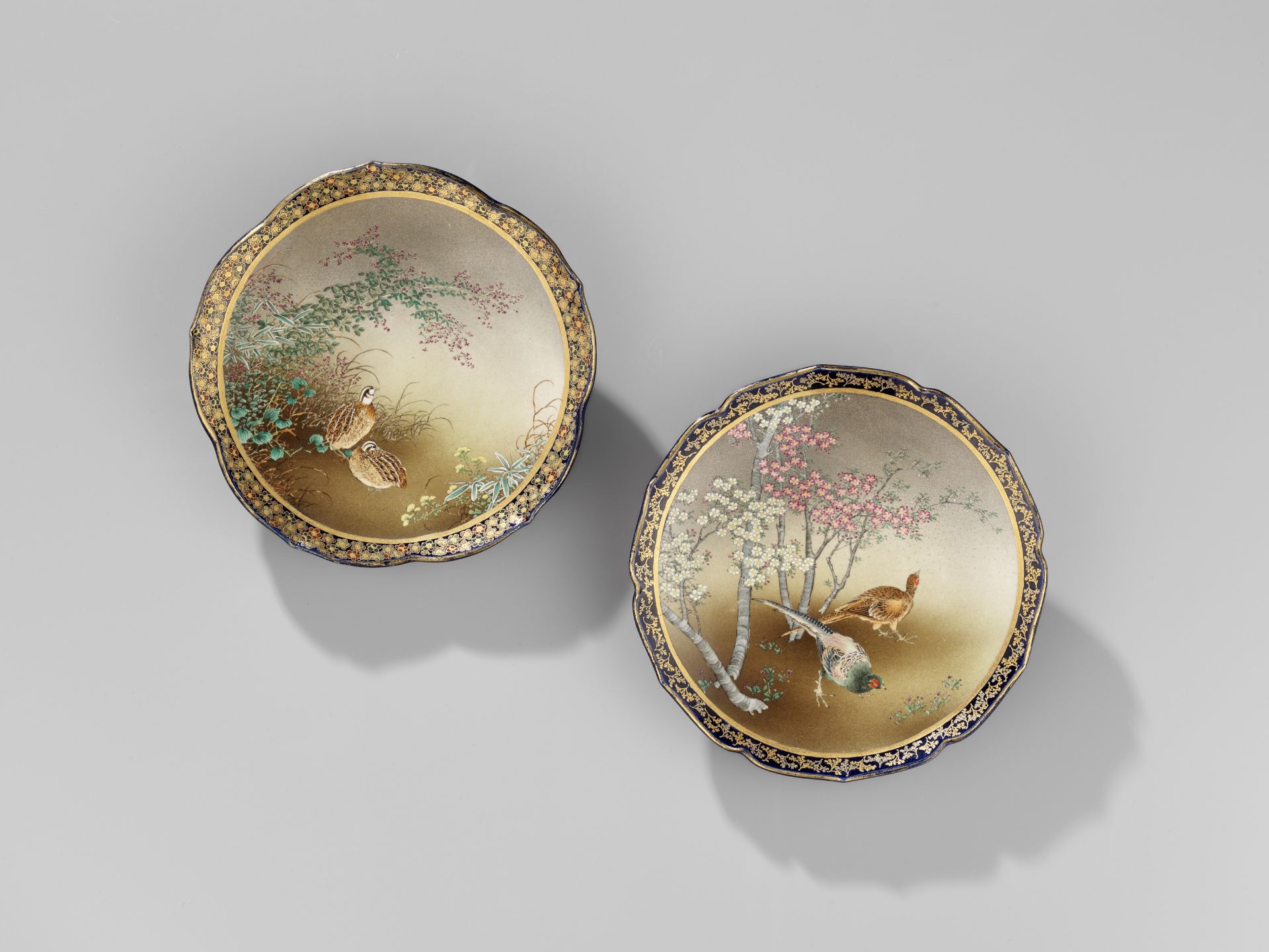 KINKOZAN: A PAIR OF COBALT-BLUE GROUND SATSUMA CERAMIC DISHES WITH PHEASANTS AND QUAILS - Image 5 of 10