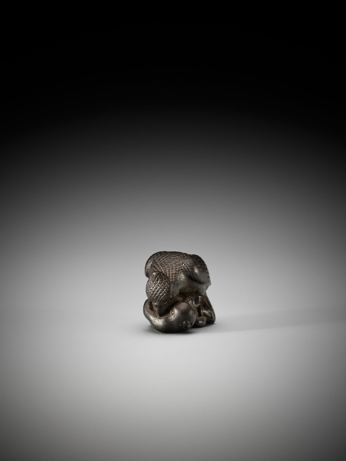 SHINCHUKA: A VERY RARE AND LARGE DARK WOOD NETSUKE OF AN EAGLE SNATCHING A MONKEY - Image 7 of 8