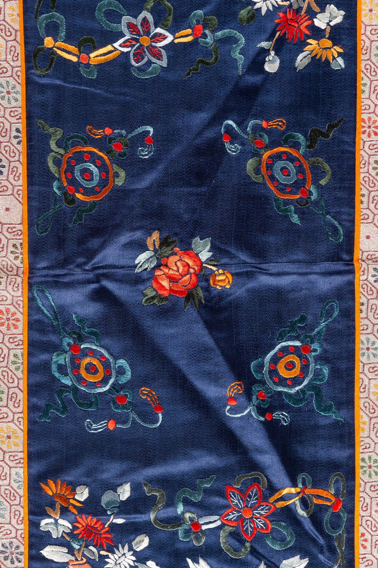 A SATIN STITCH SILK EMBROIDERY OF BUDDHIST TREASURES, 1900s - Image 4 of 6