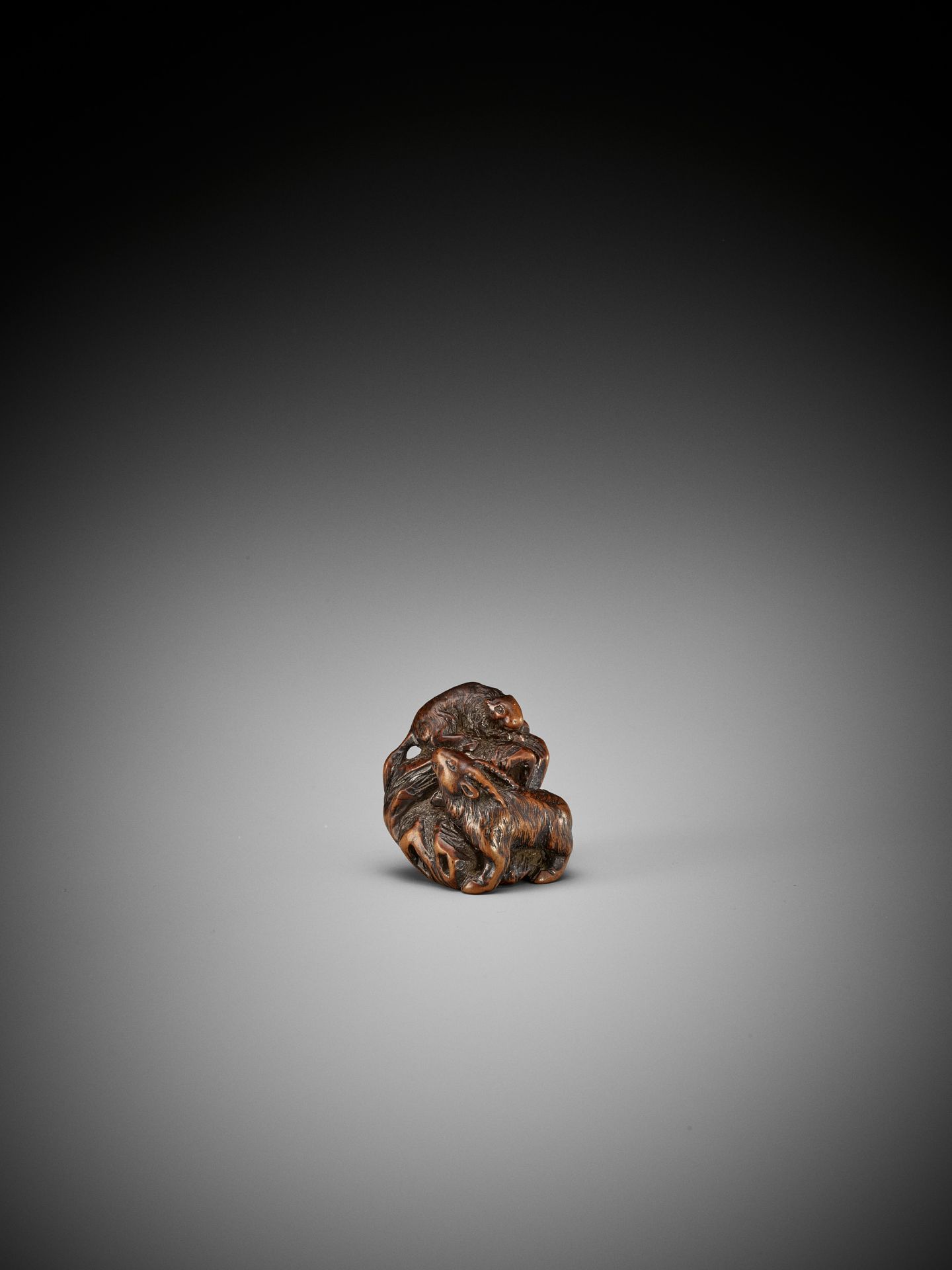 KOKEI: A RARE WOOD NETSUKE OF A GOAT AND YOUNG ON A ROCK - Image 7 of 14
