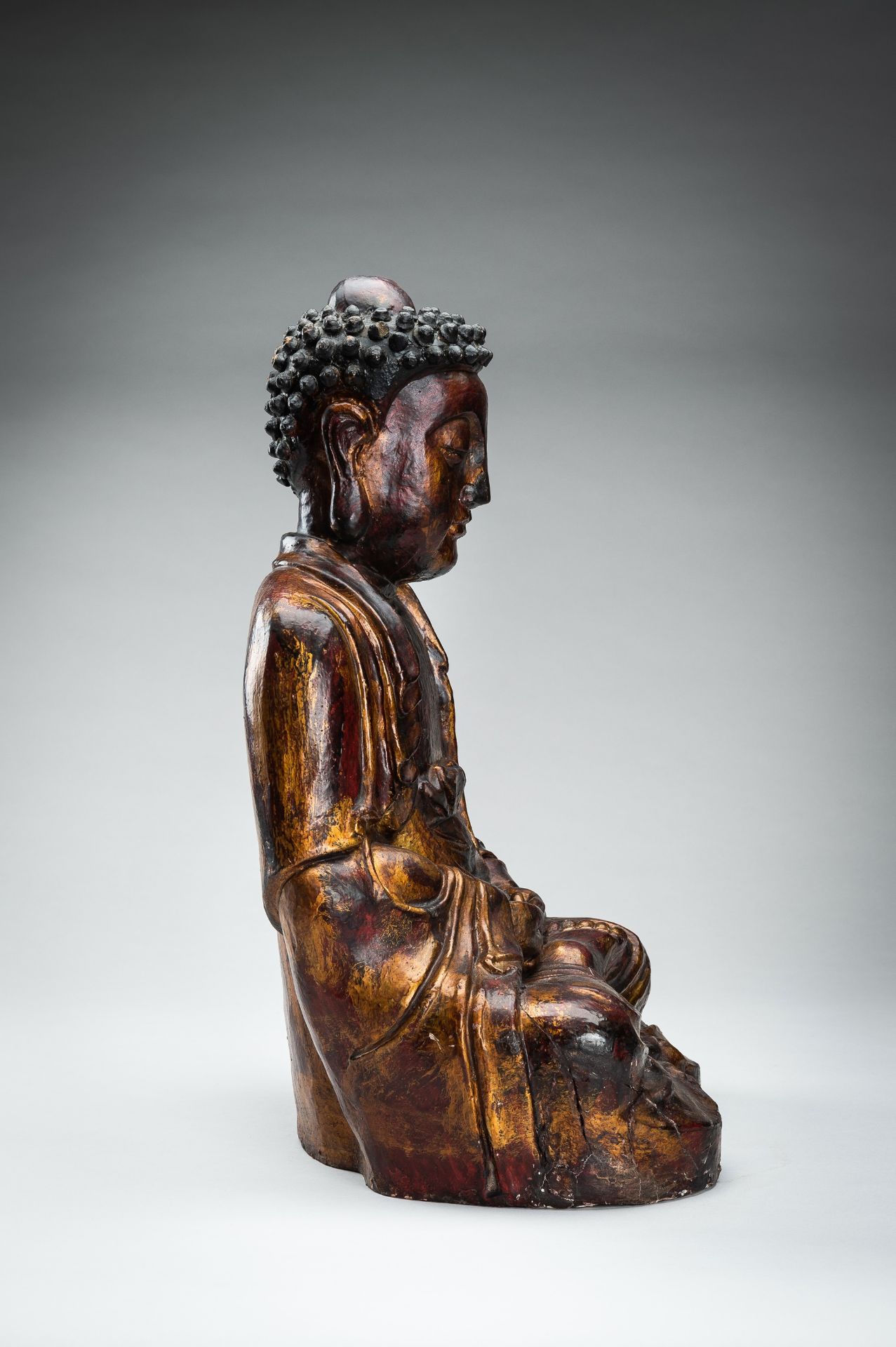 A POLYCHROME LACQUERED MING DYNASTY FIGURE OF BUDDHA - Image 4 of 13