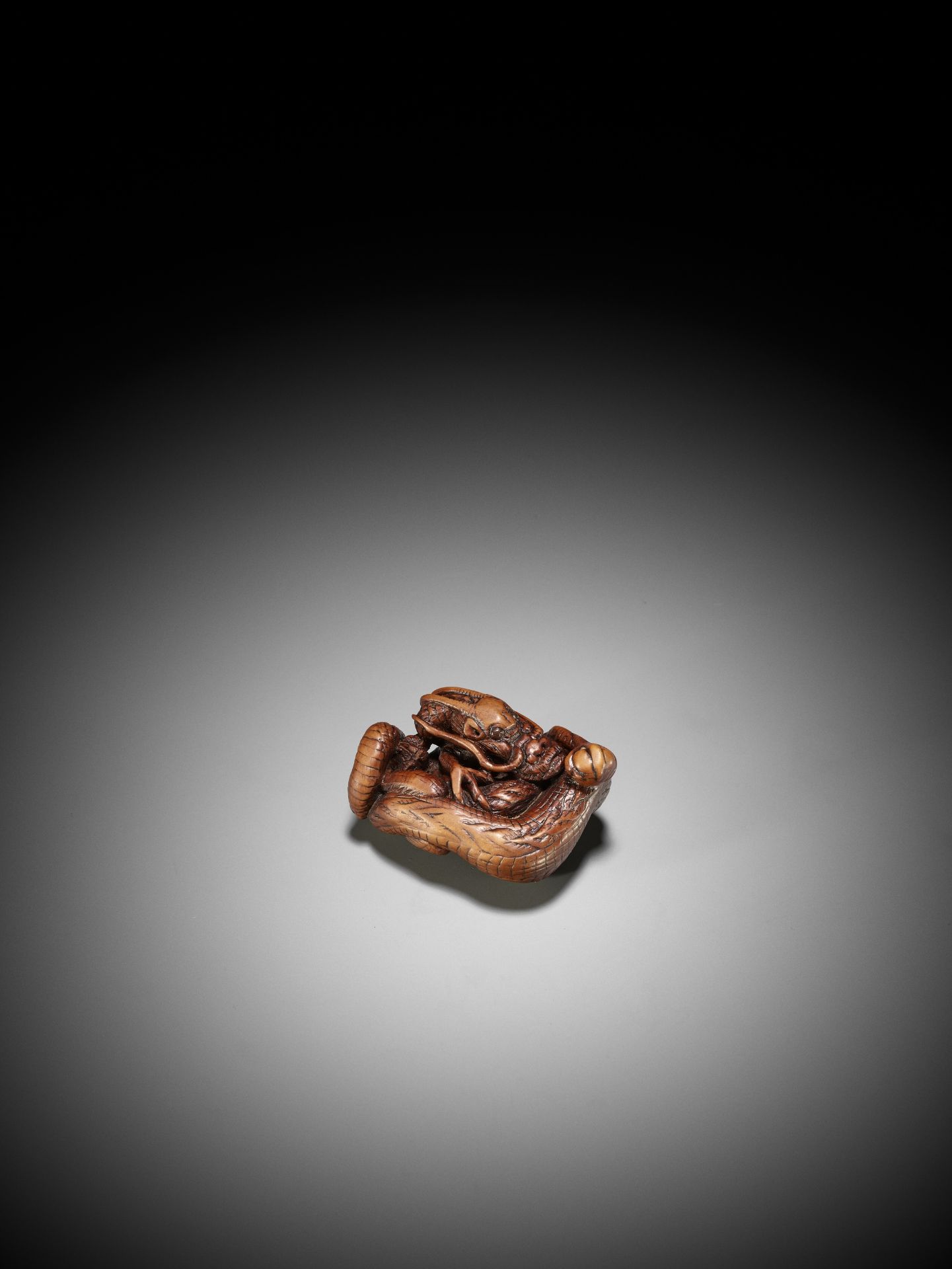 A SUPERB WOOD NETSUKE OF A COILED DRAGON - Image 12 of 14