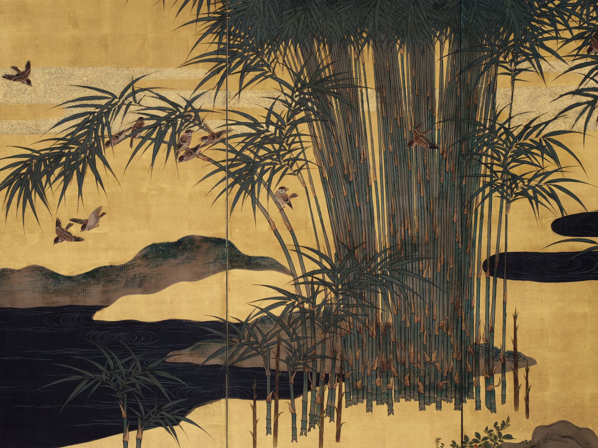 A PAIR OF FINE SIX-PANEL BYOBU SCREENS DEPICTING SPARROWS AND BAMBOO - Bild 3 aus 11