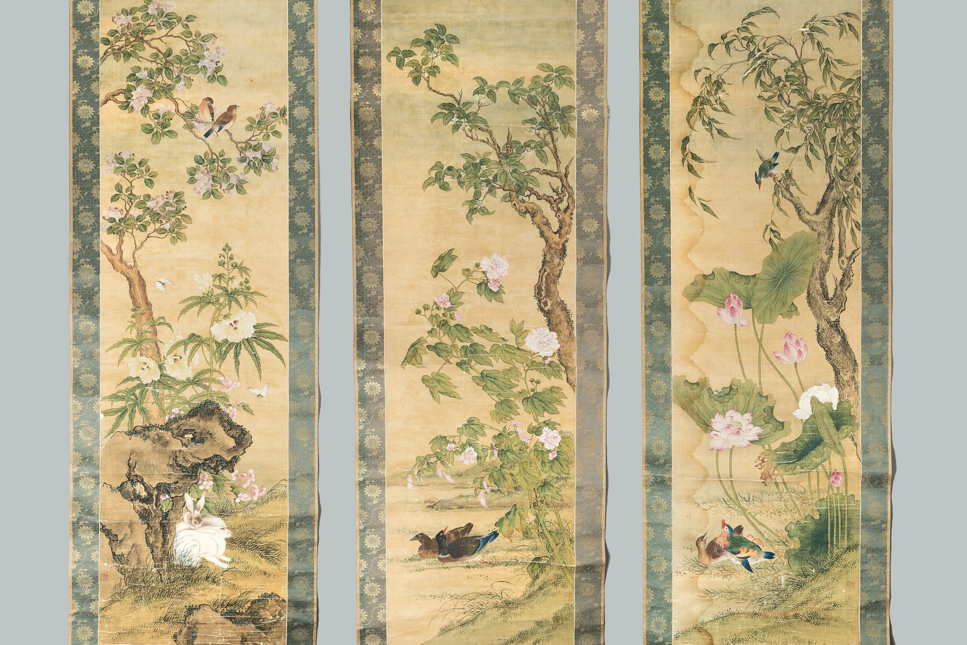 A GROUP OF THREE SCROLL PAINTINGS WITH DUCKS, BIRDS, AND RABBITS, QING - Image 2 of 30