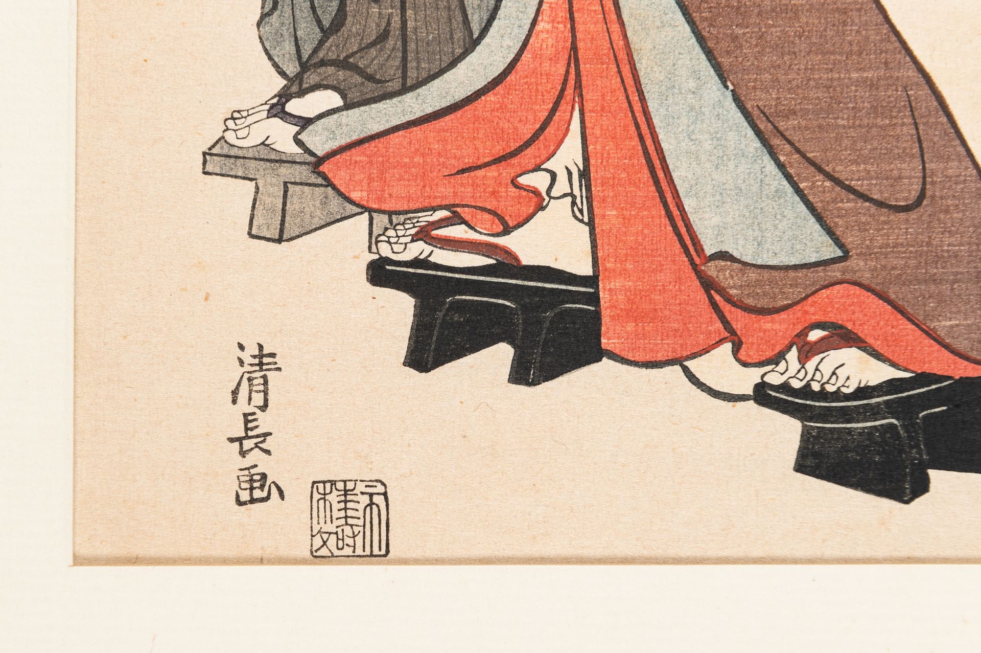 AFTER TORII KIYONAGA: TWO COLOR WOODBLOCK PRINT OF BEAUTIES - Image 11 of 12