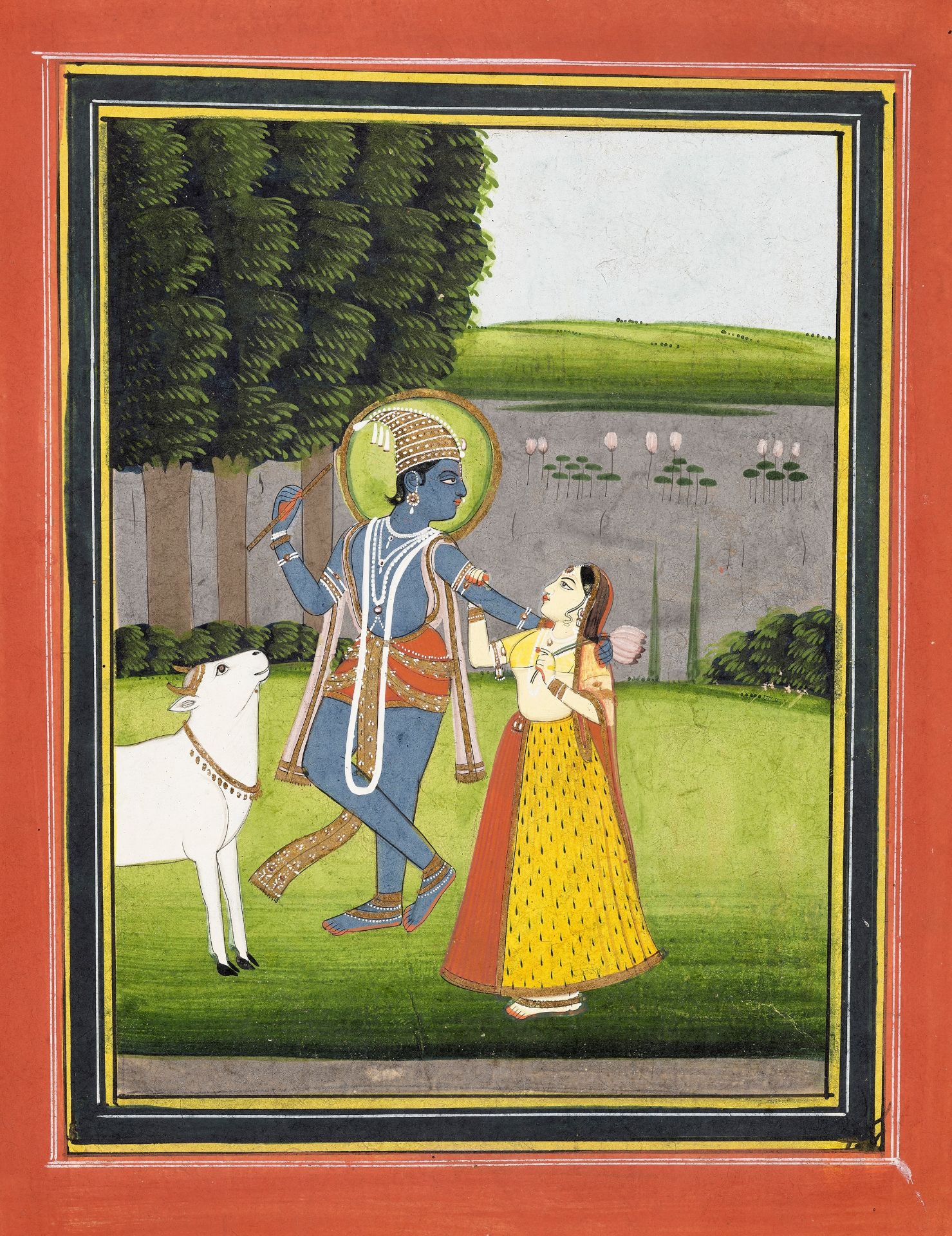 AN INDIAN MINIATURE PAINTING OF KRISHNA AND RADHA BY THE YAMUNA RIVER