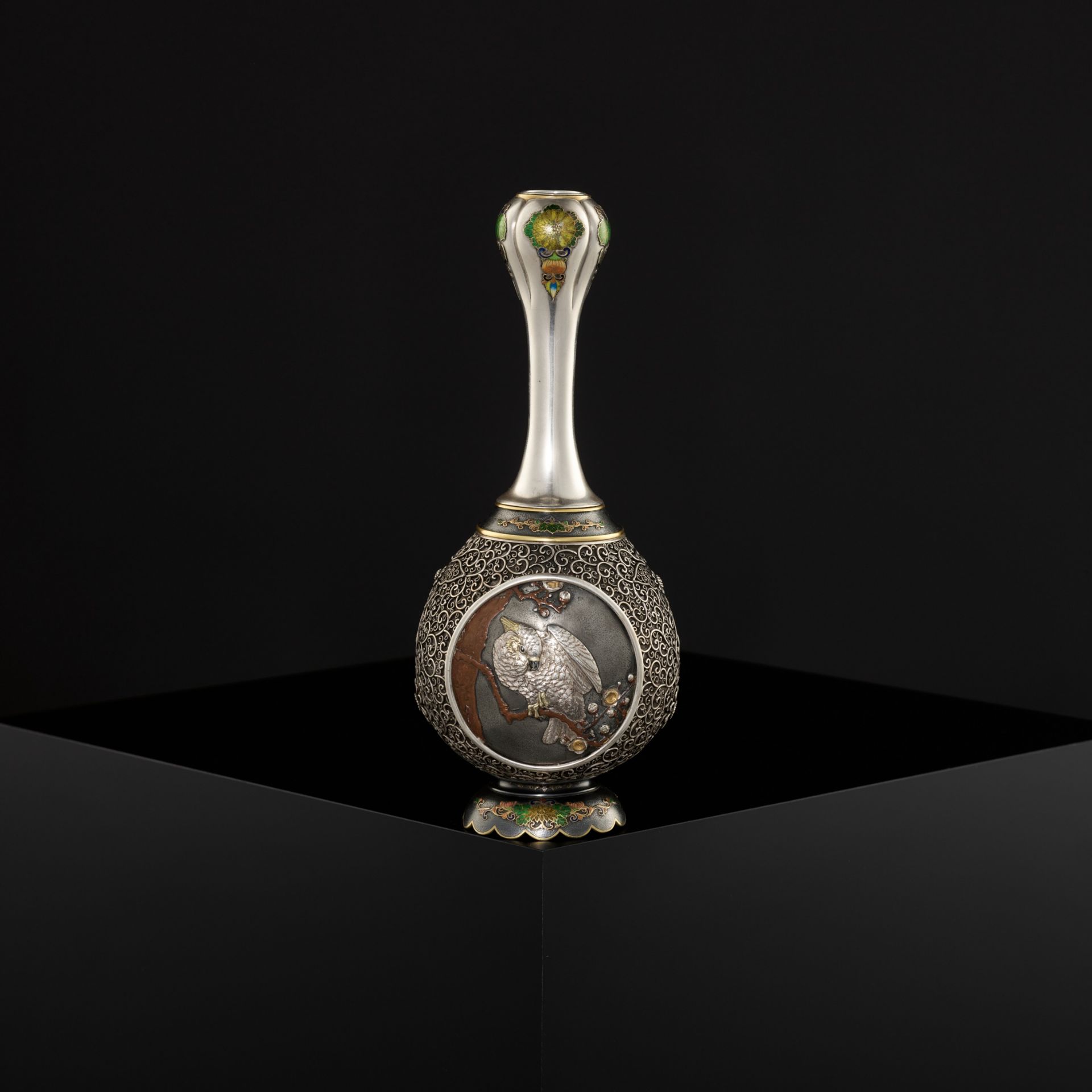 A SUPERB SILVER FILIGREE AND CLOISONNE ENAMEL VASE DEPICTING A COCKATOO