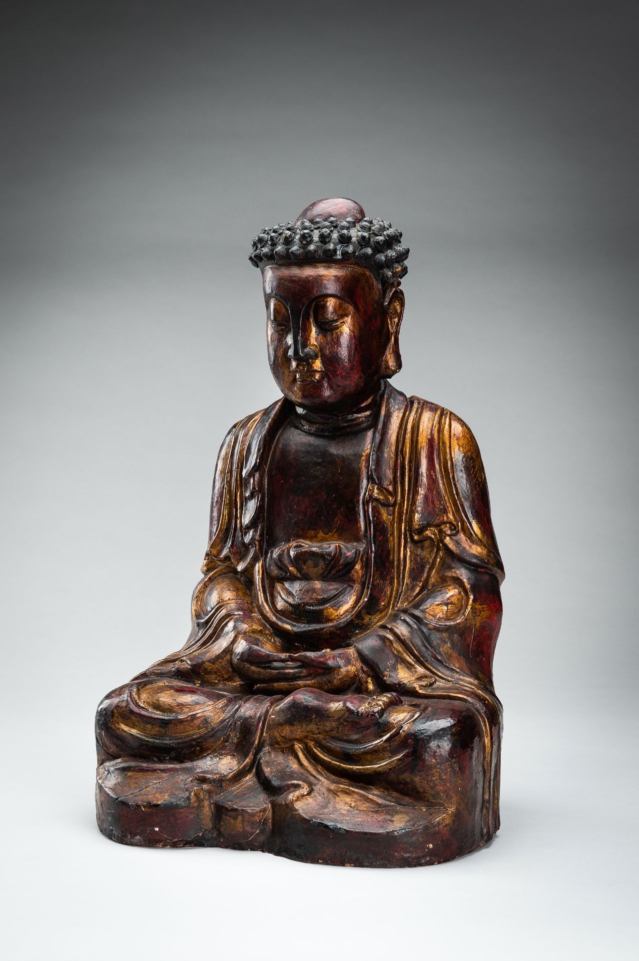 A POLYCHROME LACQUERED MING DYNASTY FIGURE OF BUDDHA - Image 6 of 13