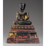 A BURMESE LACQUERED WOOD FIGURE OF BUDDHA SHAKYAMUNI