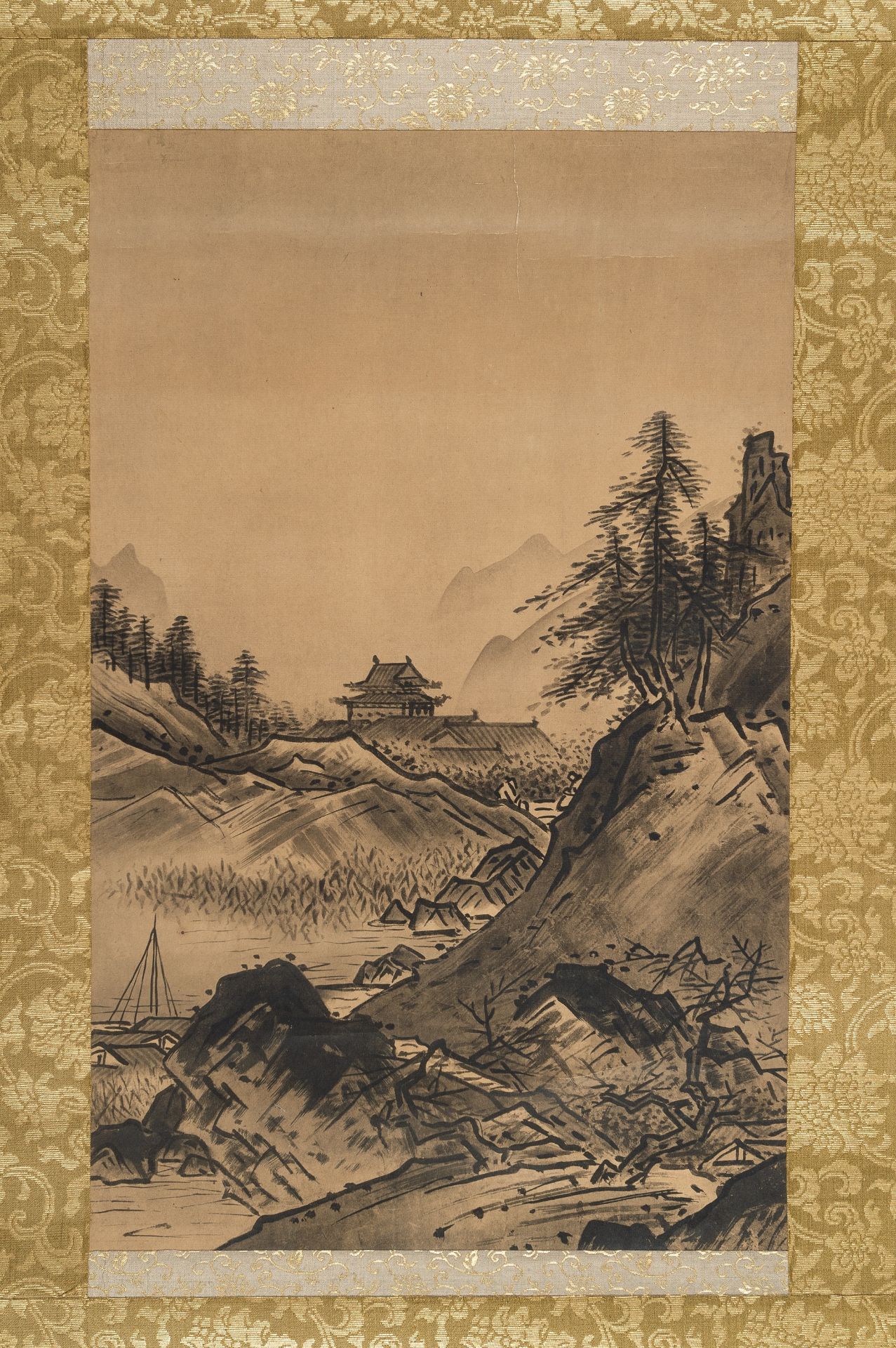 A SCROLL PAINTING OF A MOUNTAINOUS LANDSCAPE - Image 7 of 10