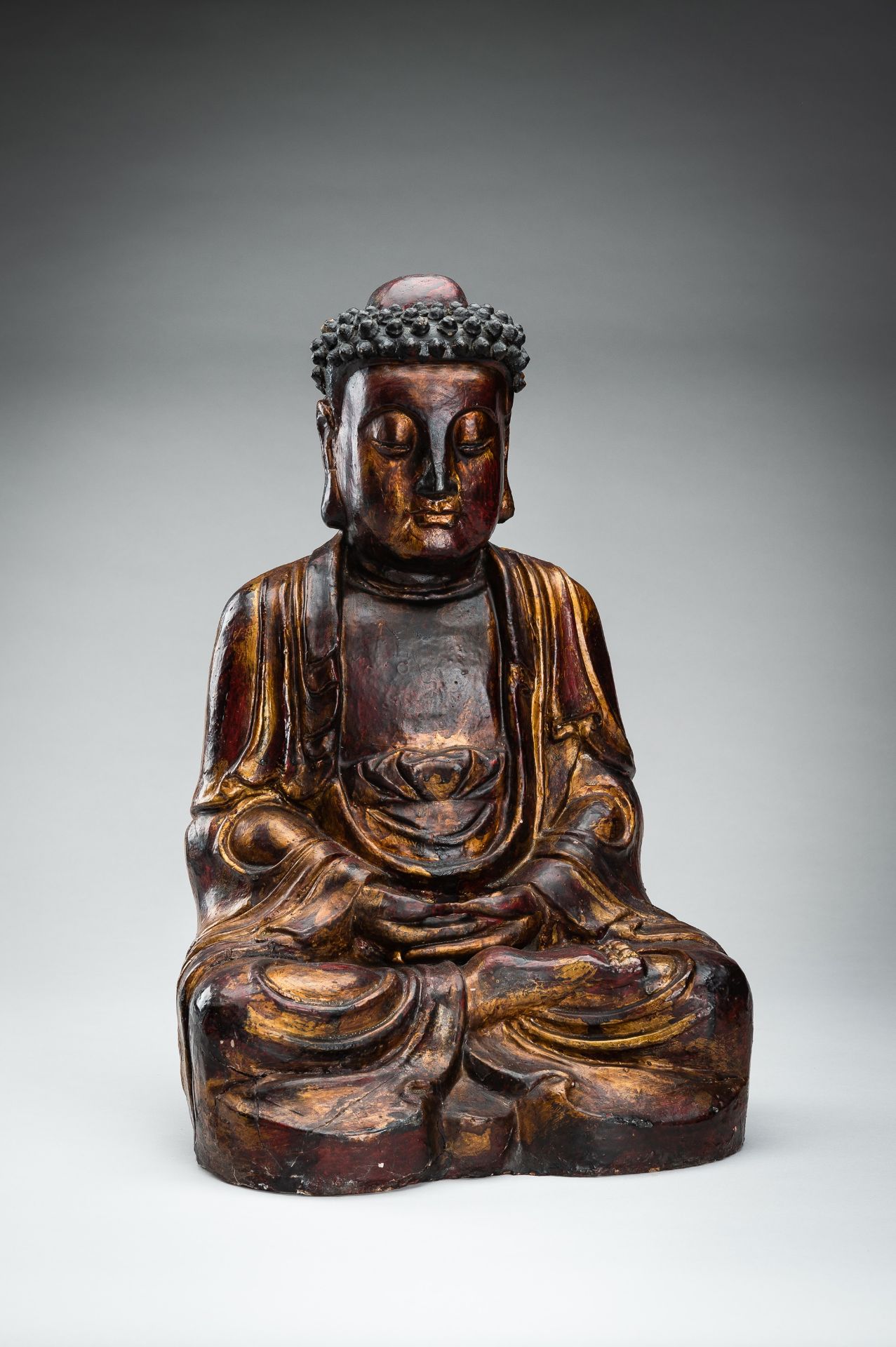 A POLYCHROME LACQUERED MING DYNASTY FIGURE OF BUDDHA - Image 2 of 13