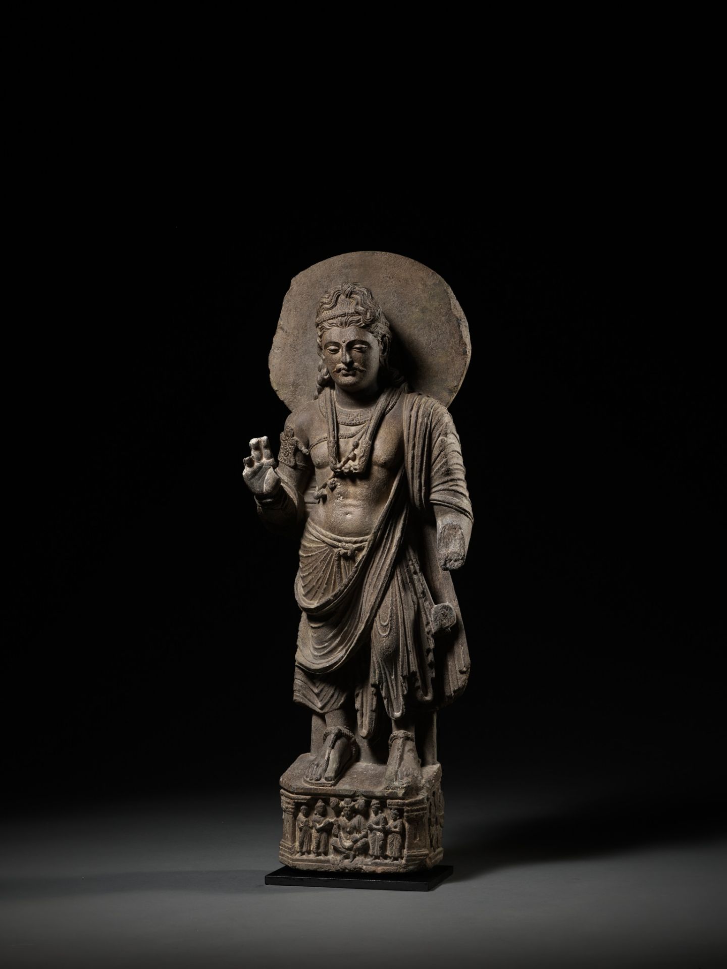 A LARGE AND IMPORTANT GRAY SCHIST FIGURE OF MAITREYA, ANCIENT REGION OF GANDHARA - Image 8 of 13