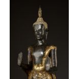 A RARE AND MONUMENTAL GILT-LACQUERED BRONZE FIGURE OF BUDDHA, AYUTTHAYA KINGDOM, U-THONG STYLE