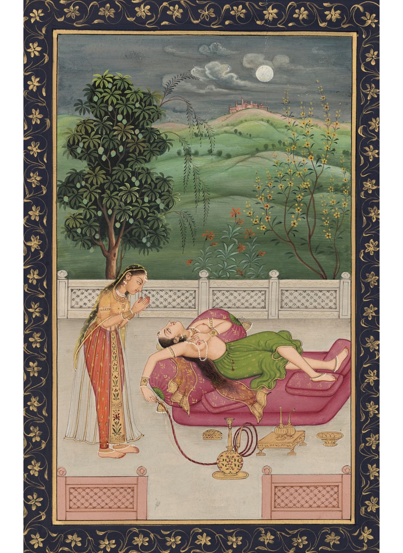 AN INDIAN MINIATURE PAINTING OF A LADY SMOKING A HOOKAH - Image 2 of 8