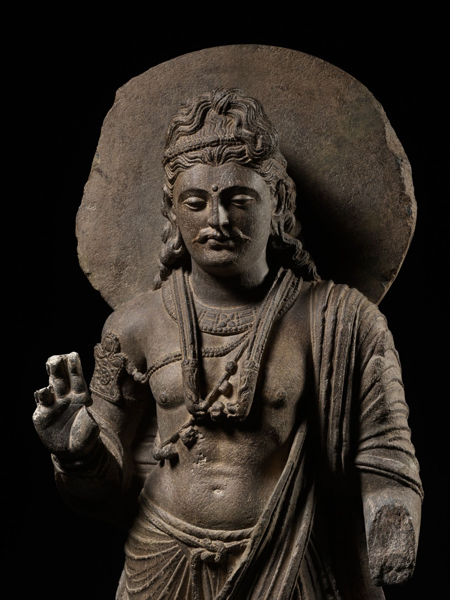 A LARGE AND IMPORTANT GRAY SCHIST FIGURE OF MAITREYA, ANCIENT REGION OF GANDHARA - Image 7 of 13