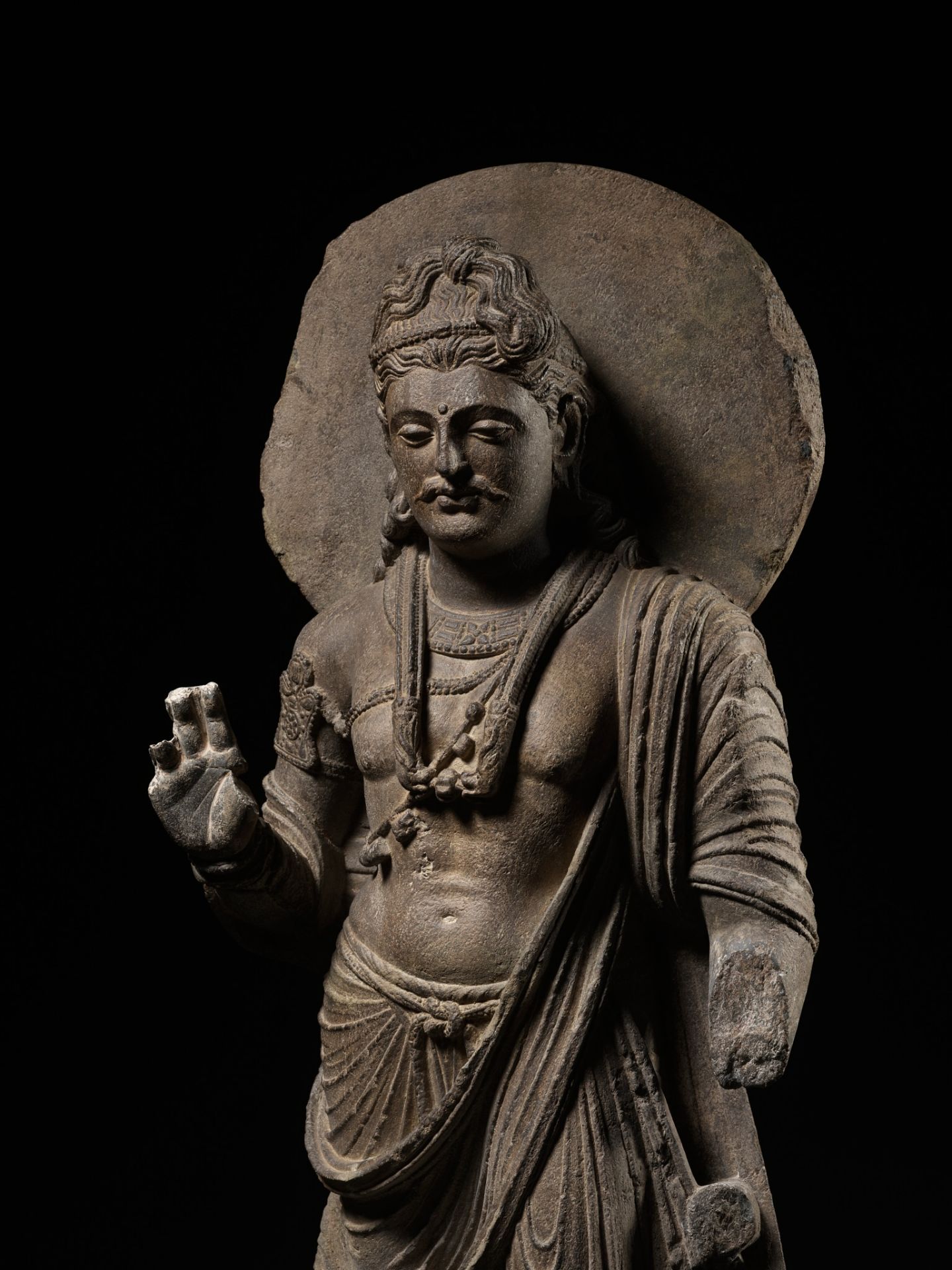 A LARGE AND IMPORTANT GRAY SCHIST FIGURE OF MAITREYA, ANCIENT REGION OF GANDHARA - Image 3 of 13