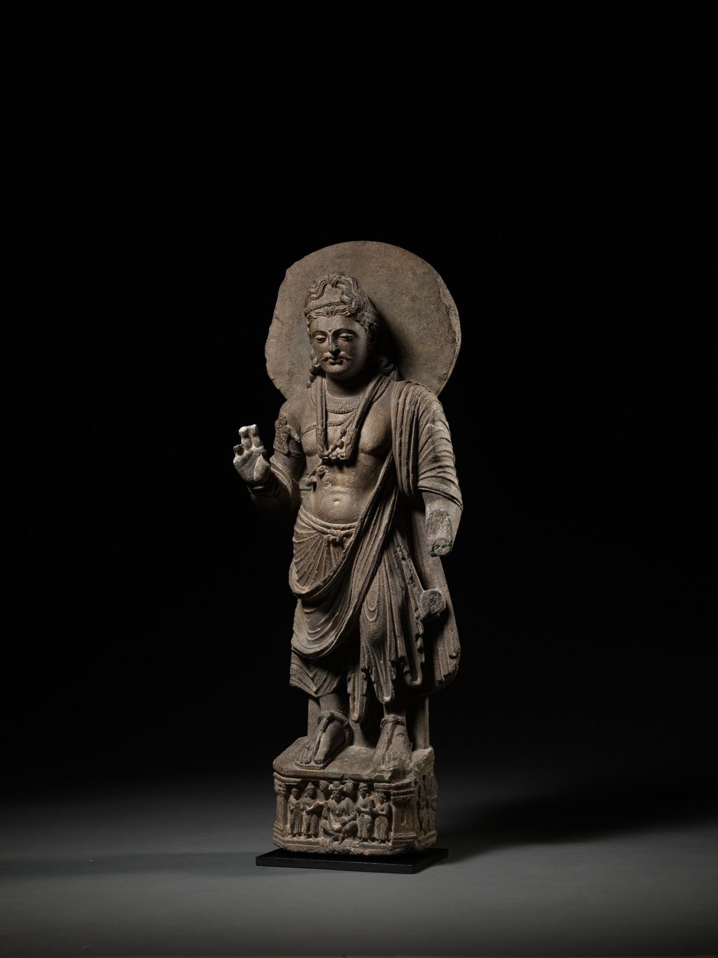 A LARGE AND IMPORTANT GRAY SCHIST FIGURE OF MAITREYA, ANCIENT REGION OF GANDHARA - Image 9 of 13