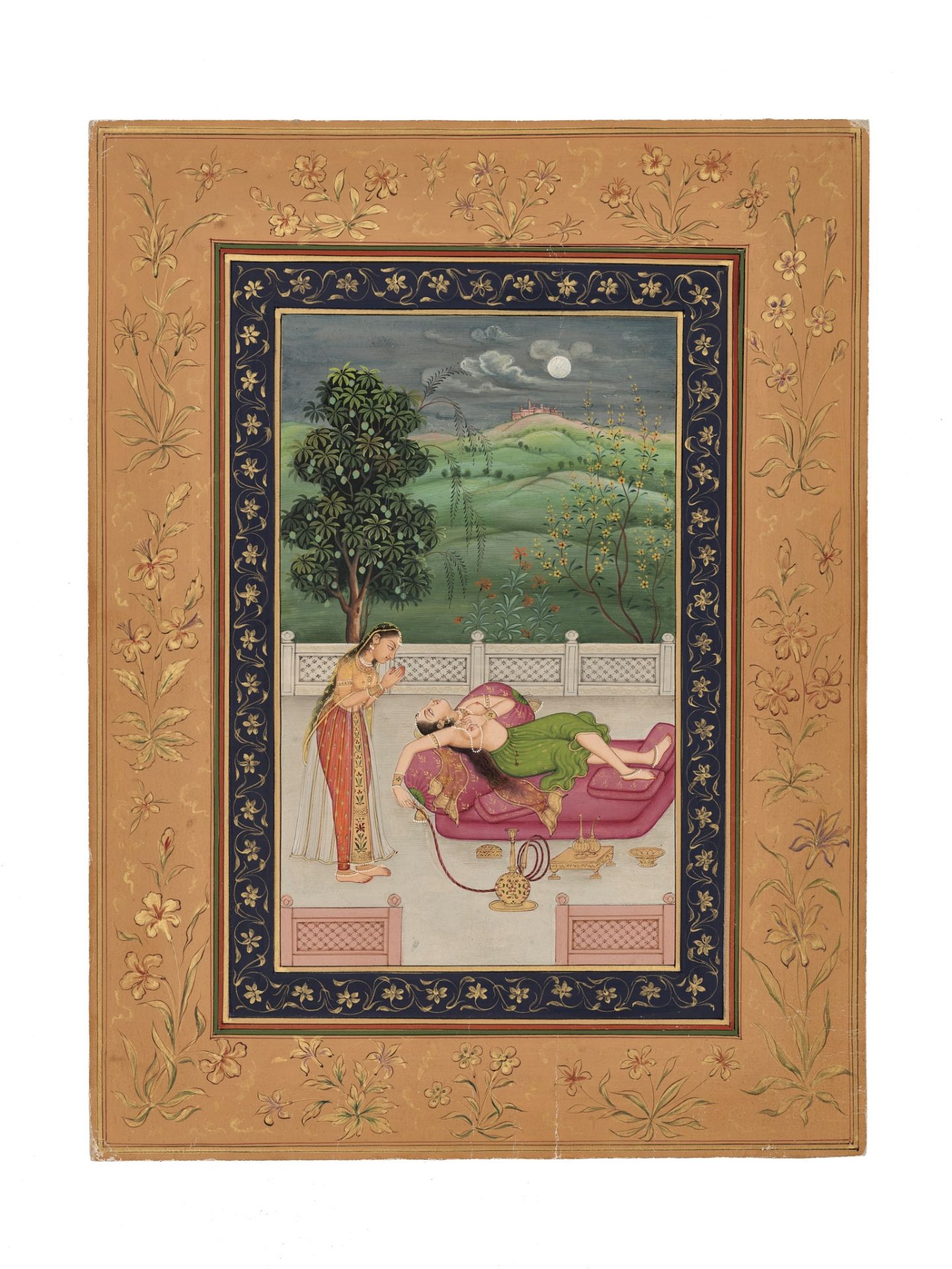 AN INDIAN MINIATURE PAINTING OF A LADY SMOKING A HOOKAH - Image 7 of 8