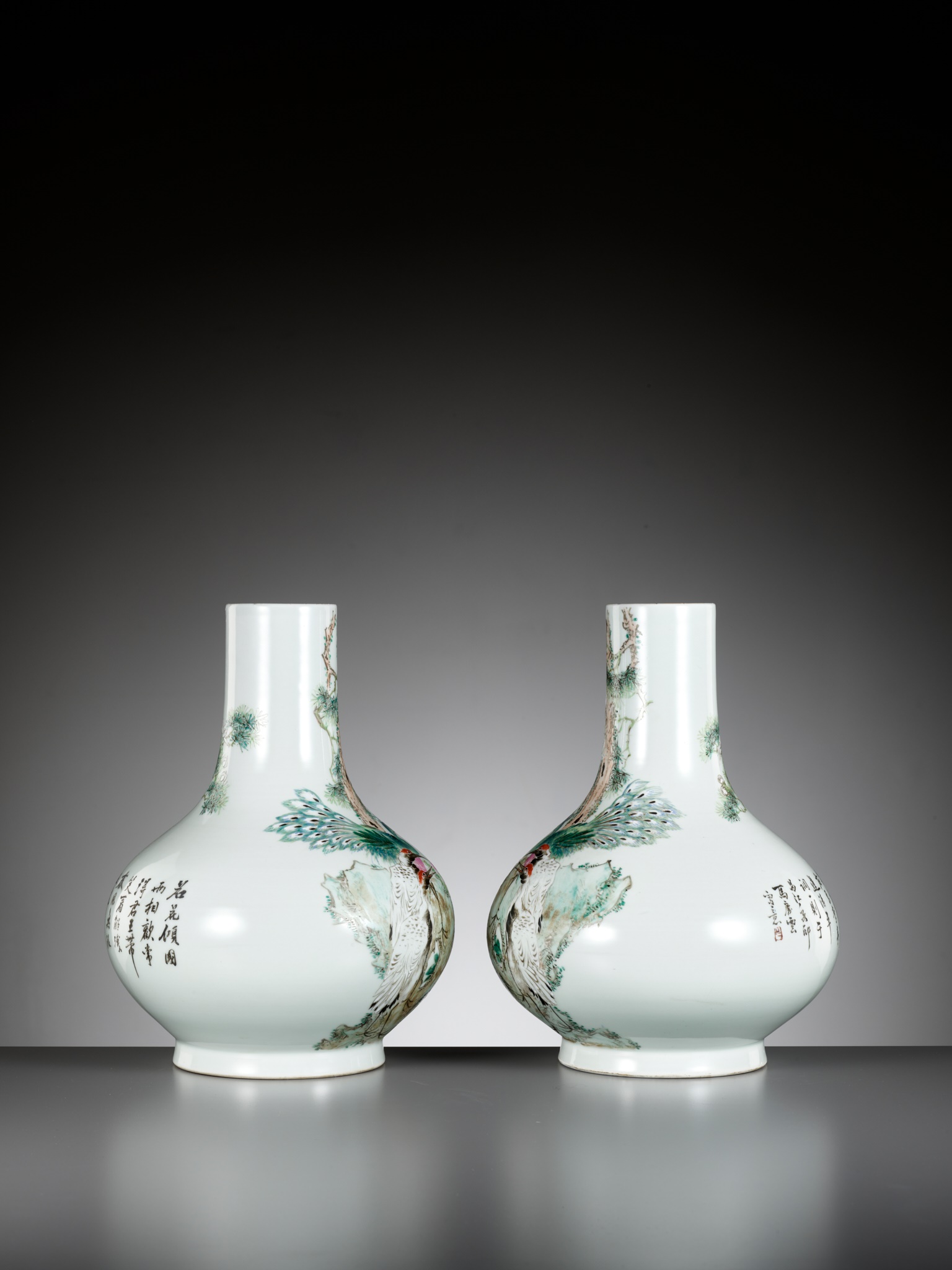 A PAIR OF 'QIANJIANG CAI' ENAMELED 'PEACOCK AND CRANE' VASES, BY MA QINGYUN, DATED 1920 - Image 8 of 13