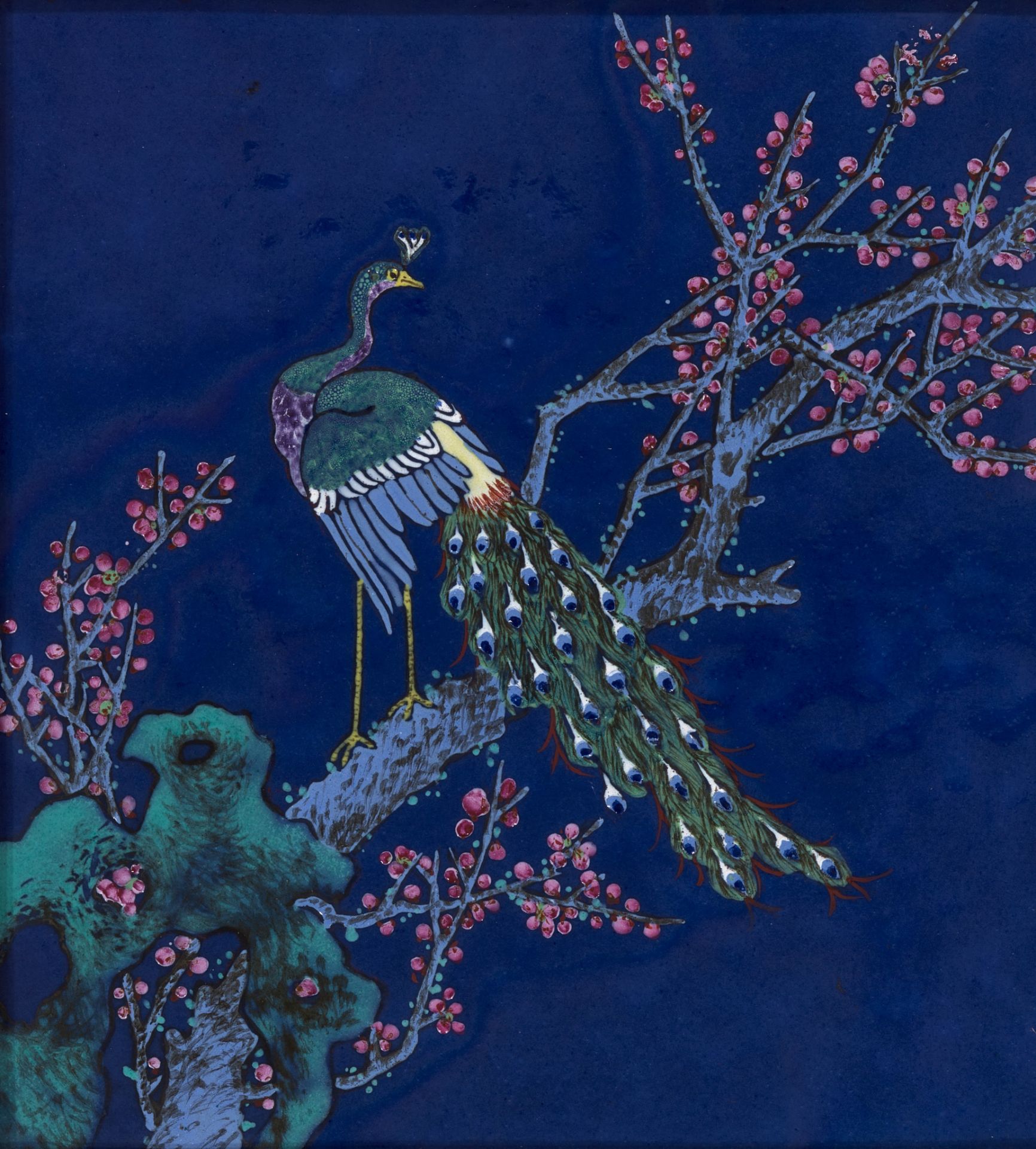 A BLUE-GROUND ENAMELED 'PEACOCK AND PRUNUS' PLAQUE, LATE QING DYNASTY