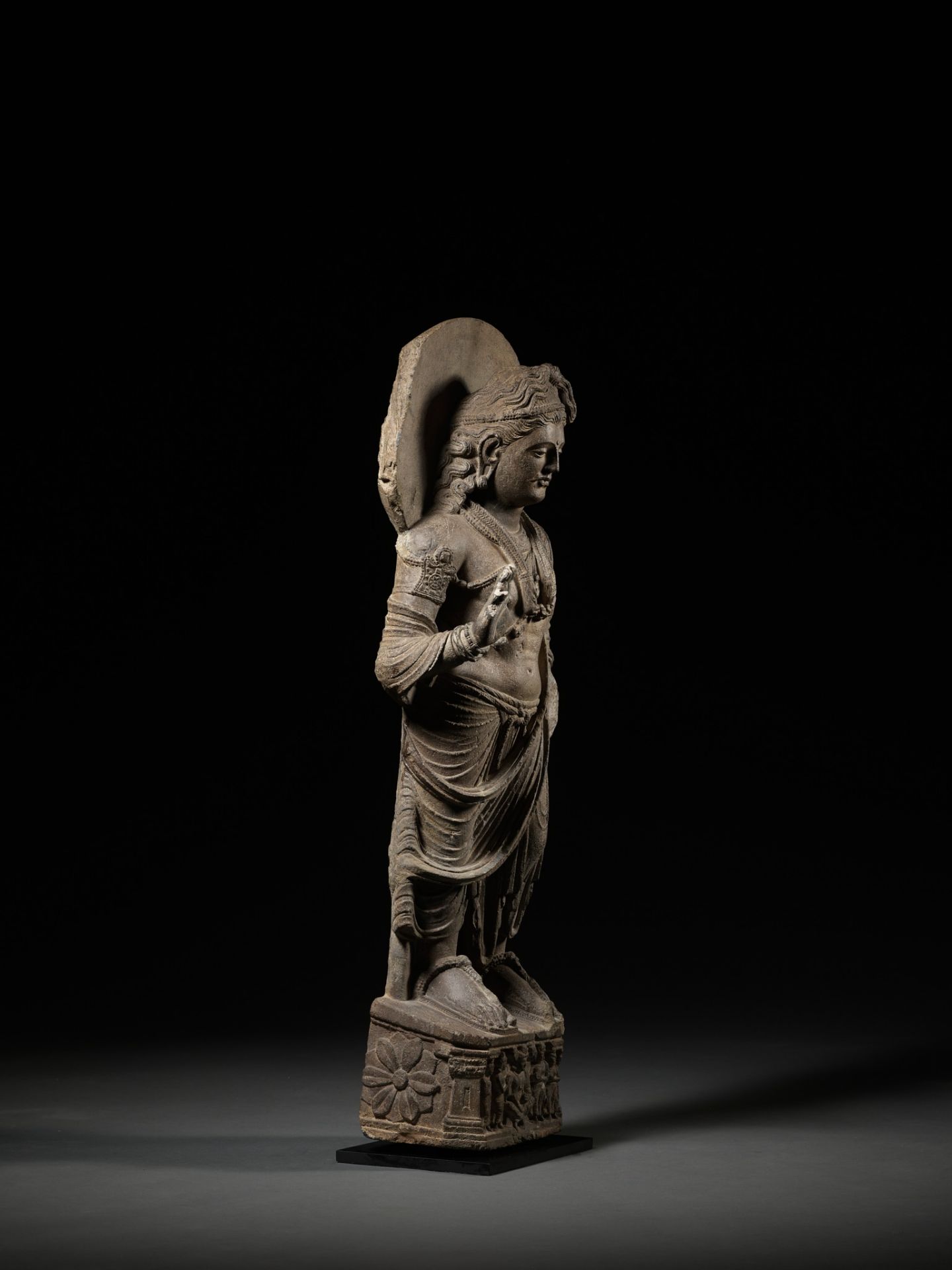 A LARGE AND IMPORTANT GRAY SCHIST FIGURE OF MAITREYA, ANCIENT REGION OF GANDHARA - Image 12 of 13