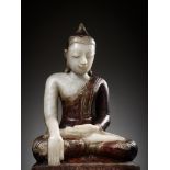 A LARGE AND HEAVY WHITE MARBLE LACQUERED FIGURE OF BUDDHA SHAKYAMUNI, 17TH CENTURY