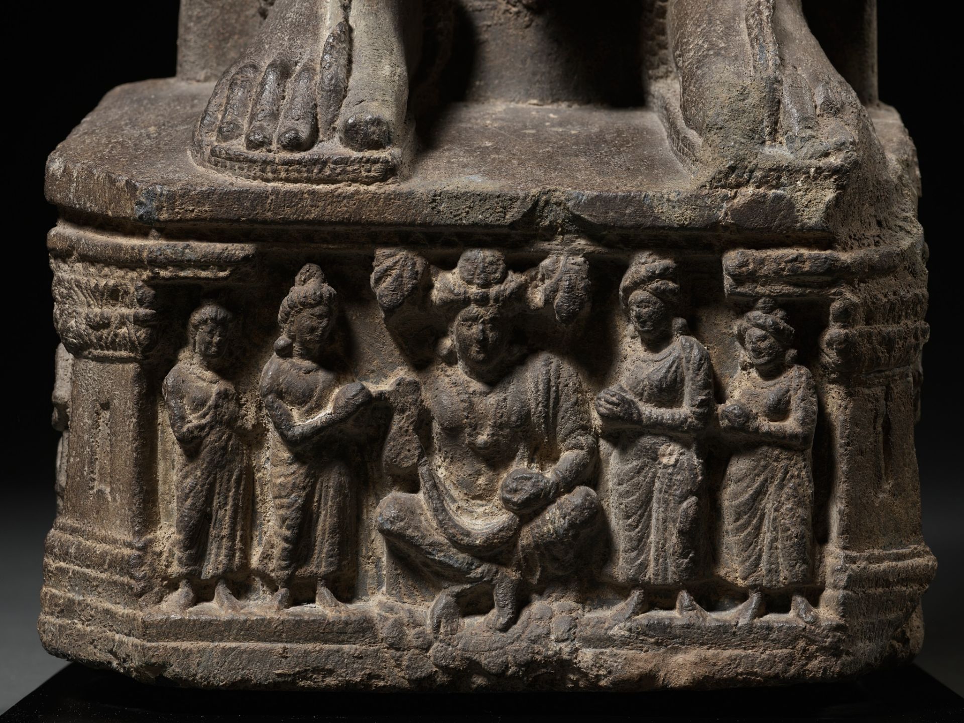 A LARGE AND IMPORTANT GRAY SCHIST FIGURE OF MAITREYA, ANCIENT REGION OF GANDHARA - Image 6 of 13