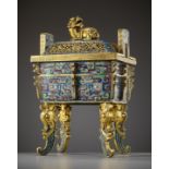 A LARGE IMPERIAL CLOISONNE ENAMEL ARCHAISTIC CENSER AND COVER, FANGDING, QIANLONG MARK AND PERIOD